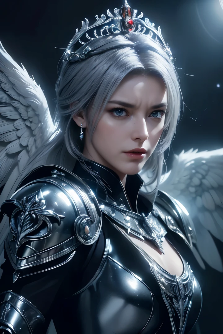 tmasterpiece，Best quality，A high resolution，8K，((Portrait))，(Head close-up)，Original photo，real photo，digital photography，(Medieval fantasy style female fighting angel)，(The Angel of Fantasy)，20岁女孩，((Short grey hair))，((The eyes are red，The eye of the devil)， jewelry，Keep your mouth shut，Beautiful Elegant，((Frown, get angry))，haughty，Noble and charming，(A fantasy combat suit，Cool Battle Armor，The magnificent armor of a knight，Metallic luster，A delicate badge of magic)，(The Devil's Body)，Crown，Angel halo，(Power angel)，Photo pose，medieval characterantasy style，the night，starryskybackground，oc render reflection texture