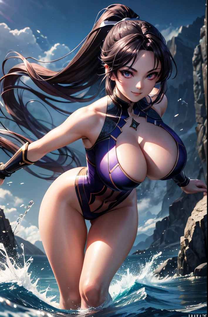smiling wide with parted lips, a beautiful anime full-body glamour portrait of a kunoichi, goddess, enormous breasts, mischievous smile, gazing lovingly at the viewer, long hair in a ponytail, dark hair, astonishing purple eyes, smokey eye make-up, anatomically correct, mid-twenties, posing for the camera in a highly detailed hidden lagoon, mountain background, fighting pose, daggers, WLOP. studio lighting, detailed skin, ultra, realistic, sharp features, highly detailed. Sharp focus, natural skin, natural skin texture, subsurface scattering, muted colors, skin pores, perfect face, perfect eyes, perfect full lips, supple female form, vivid, cinematic, Film light, Hyper detailed, Hyper-realistic, masterpiece, atmospheric, High resolution, Vibrant, High contrast, dark angle, 8k, HDR, 500px,