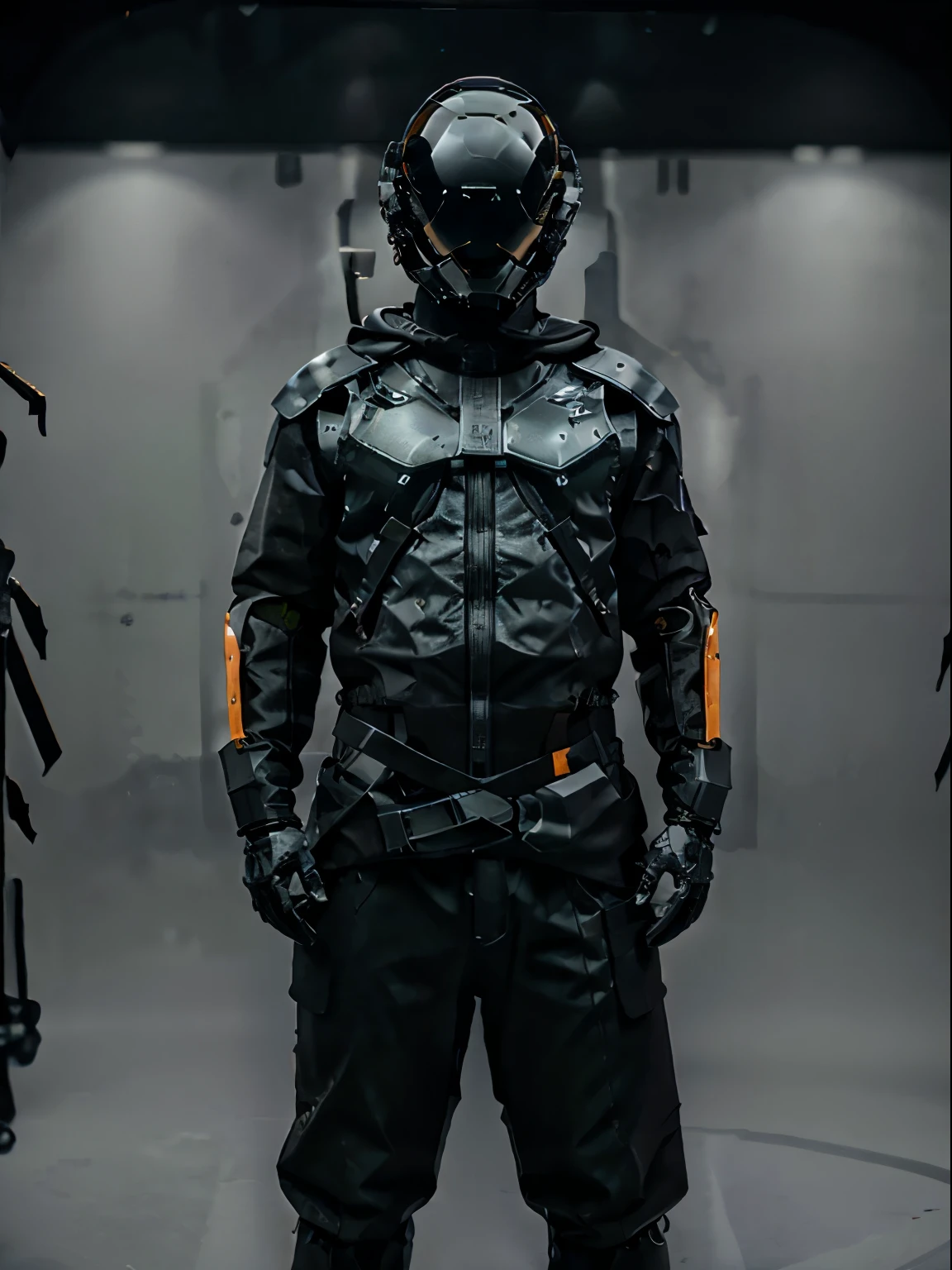 Full body portrait, futuristic helmet, black color with orange glowing visor, alien helmet, unique, cybernetic armor, techwear, photography, photorealistic, detail, plain white background, dramatic lighting, studio lighting, dynamic pose