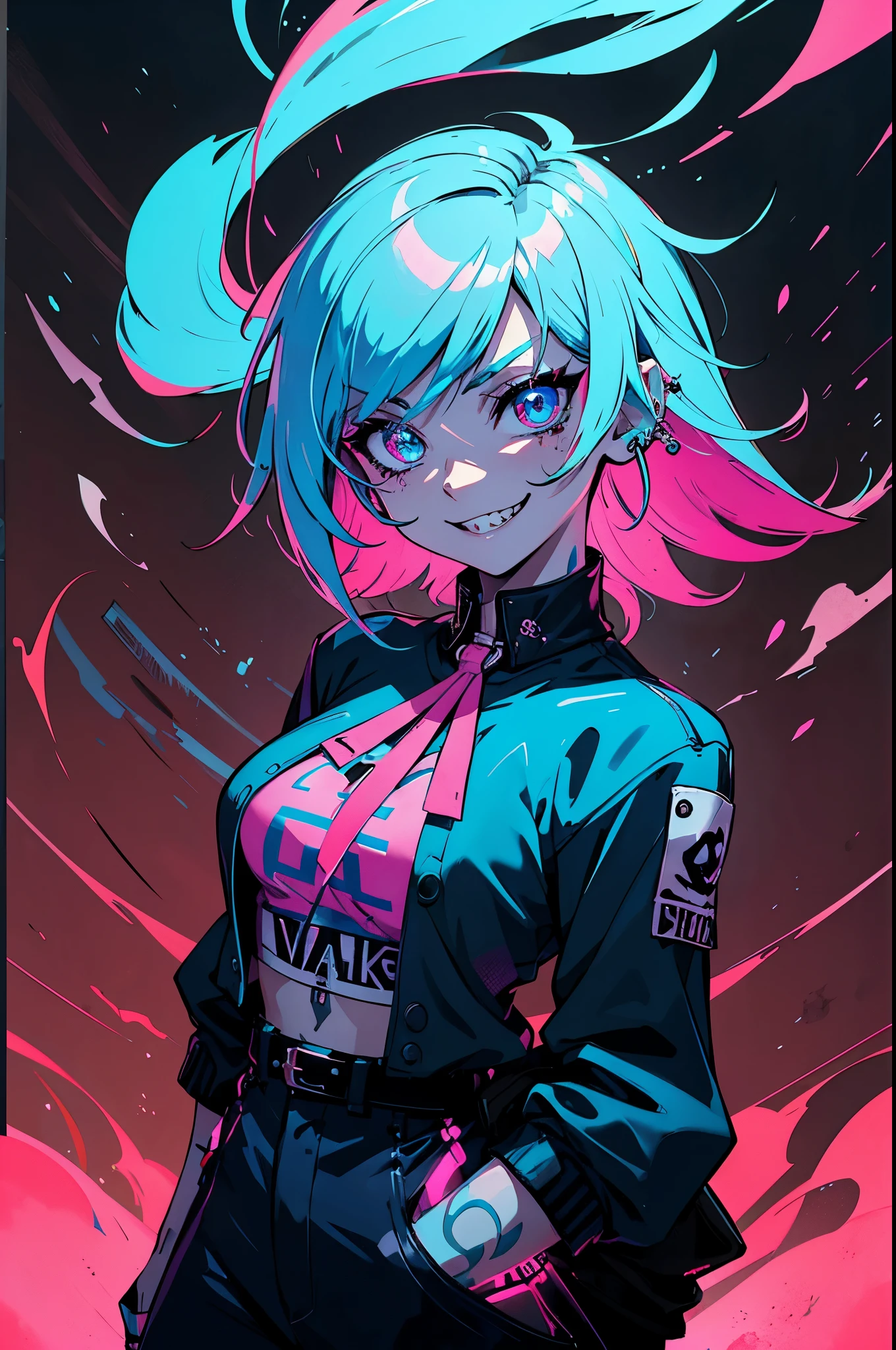 kpop girl, psycho minacing laugh, arms on back stays hidden, blue neon cyan colored hair, lust, bad ass, black, shows open smile sharp teeth, fadecut blue neon cloud style hair, tattoos on hands and neck, piercing, black mixed pink striped sweater, cool badass pose, smoke background