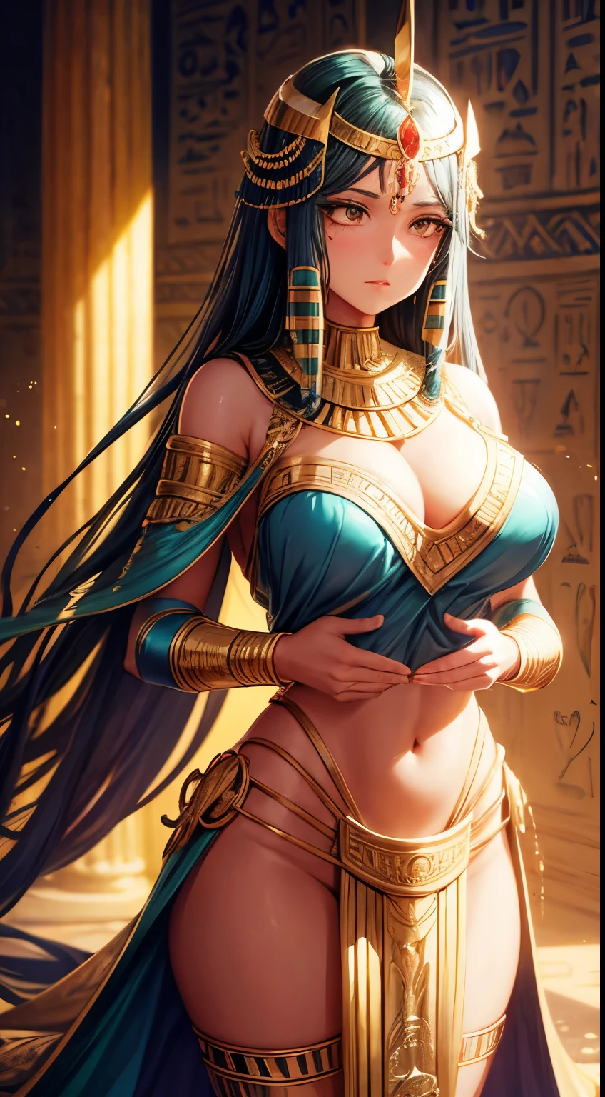 Ancient Egyptian-themed woman, mystical effects, gold accents, ornate attire, hieroglyphic-inspired details, enchanting pose, soft mystical lighting, bokeh background, high resolution.