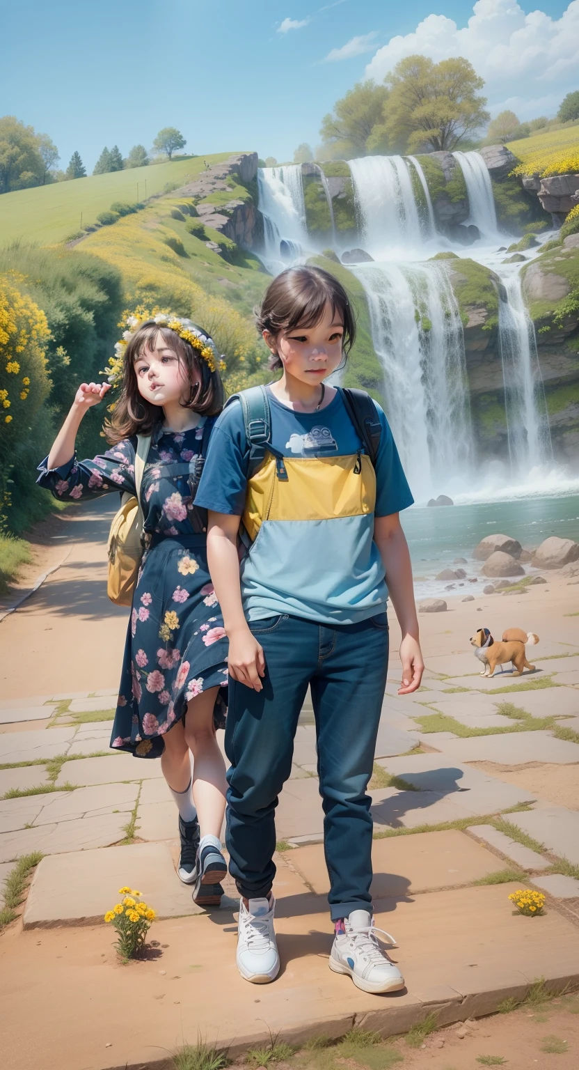 Tip: A very charming  girl with a backpack and her cute puppy enjoying a lovely spring outing surrounded by beautiful yellow flowers and nature. The illustration is a high-definition illustration in 4k resolution, featuring highly detailed facial features and cartoon-style visuals.