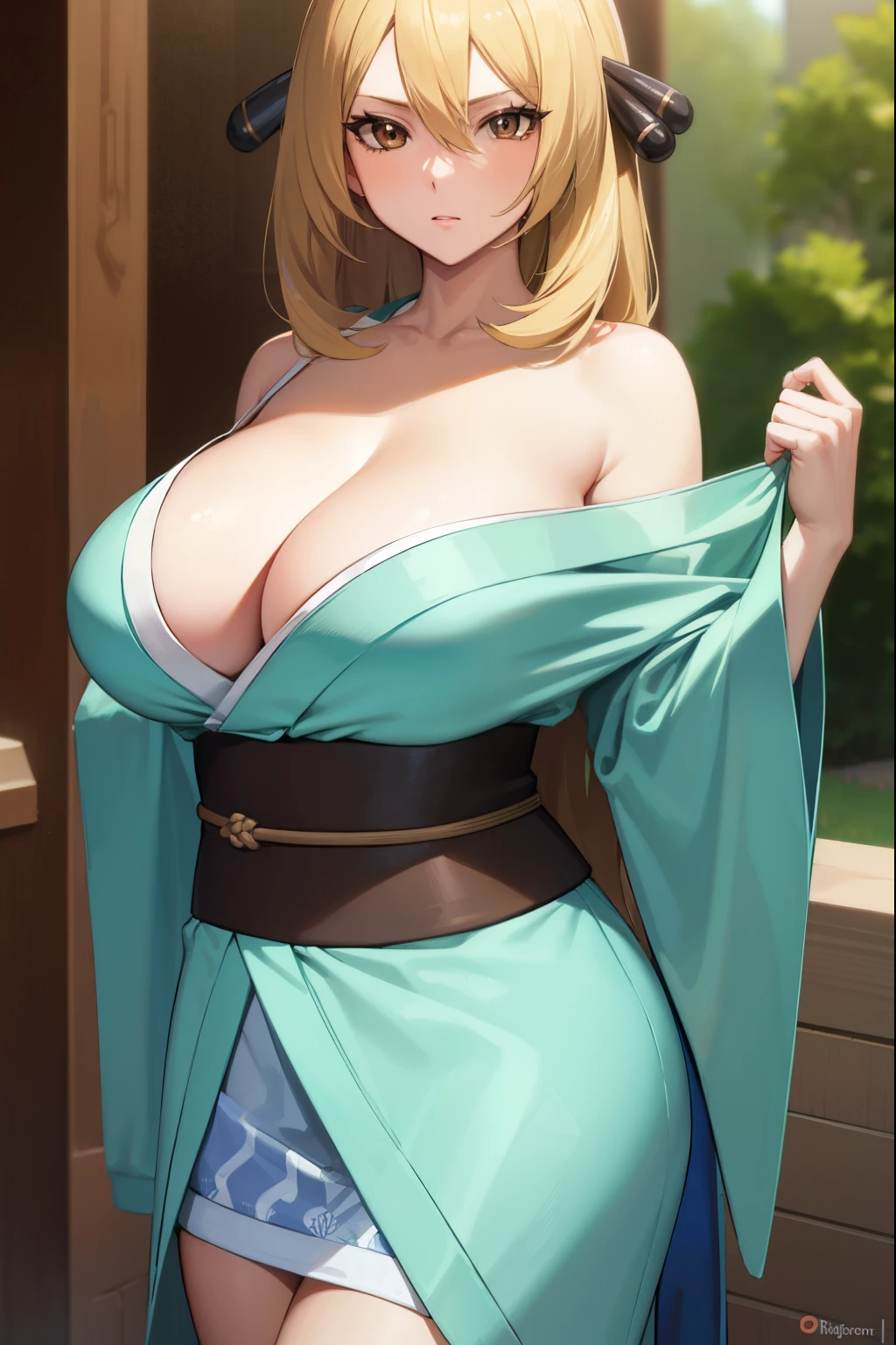 Cynthia, pokemon, blonde hair, yellow hair, long hair, mature female, (brown eyes:1.7), (large breasts:1.2),
BREAK cleavage, bare shoulders, (green kimono,) japanese clothes, kimono, off shoulder, wide sleeves, hair ornaments,
BREAK outdoors, city,
BREAK looking at viewer, (cowboy shot:1.5),
BREAK (masterpiece:1.2), best quality, high resolution, unity 8k wallpaper, (illustration:0.8), (beautiful detailed eyes:1.6), extremely detailed face, perfect lighting, extremely detailed CG, (perfect hands, perfect anatomy),