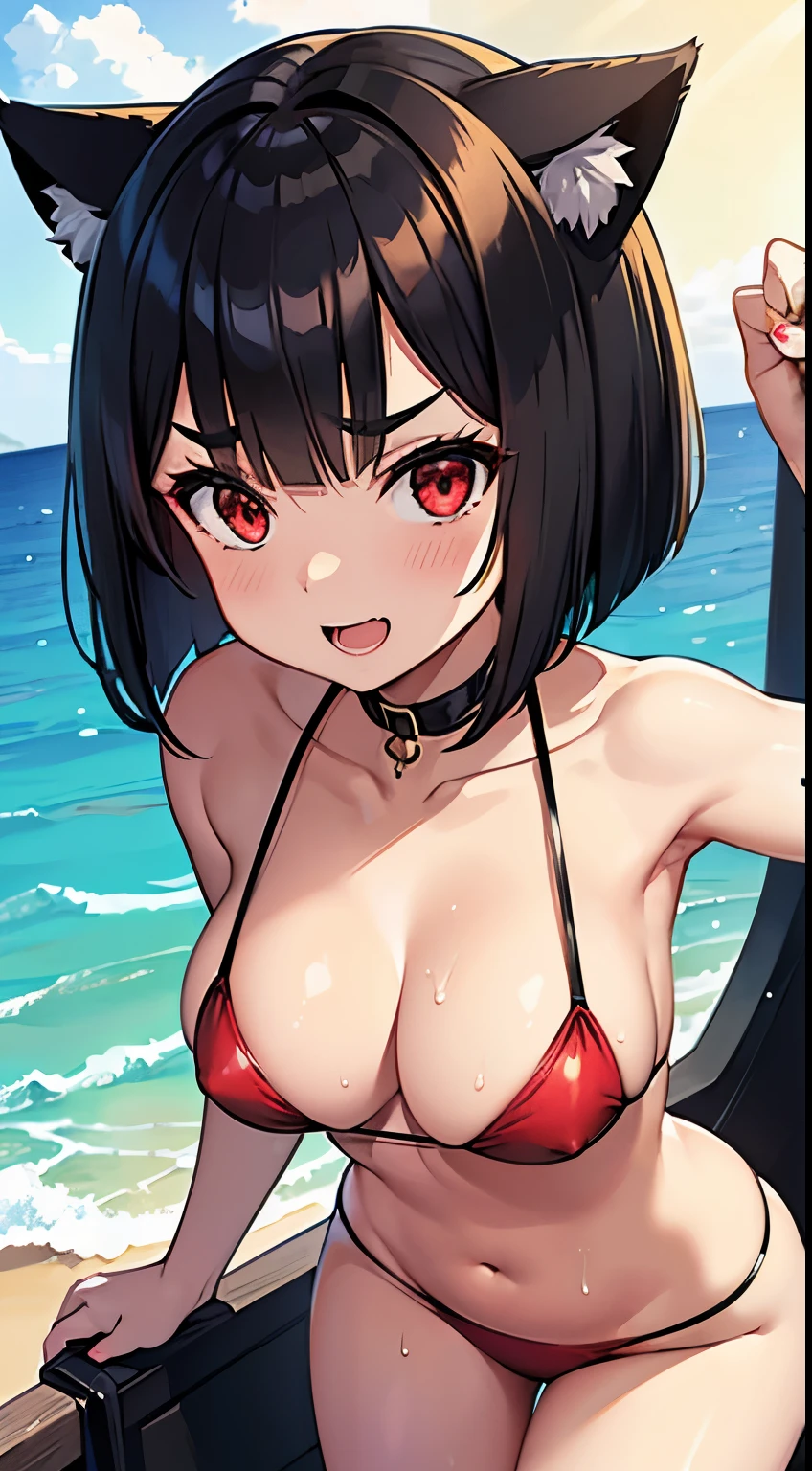 Woman with amazing and cat ears, Black Bob Cut, a smile, Open mouth, red eyes and eyebrows, Sunny beach, Mass sweat, Shiny skin, Looking down, Small Red Bikini, Looking here, Inner Stock,