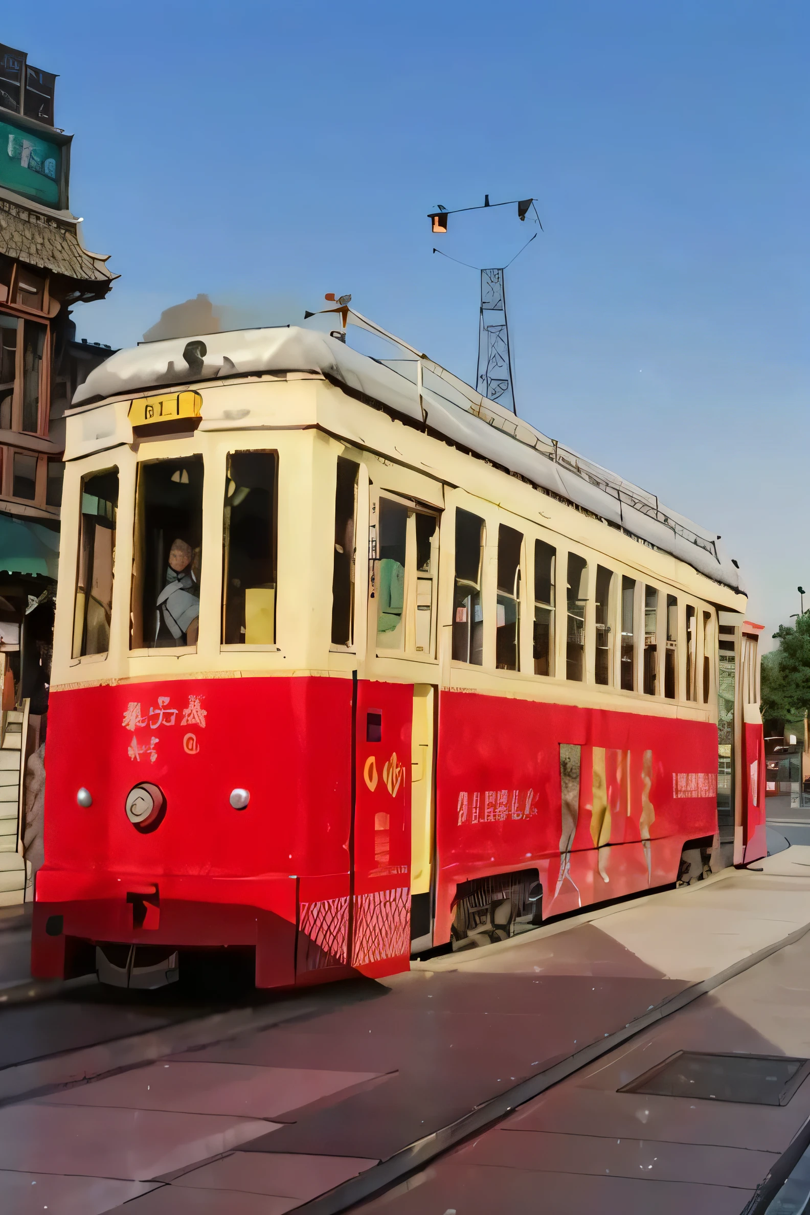 建筑物旁边街道上的夫莱红色和无轨streetcar, street streetcar, streetcars ) ) ), streetcars, streetcar, 4 0 9 6, it has a red and black paint, Uptrend ,, preserved historical, Beautiful image, 🕹️ 😎 🔫 🤖 🚬, earlier, beijing, spreading, Attractive and good looking, photograph taken in 2 0 2 0