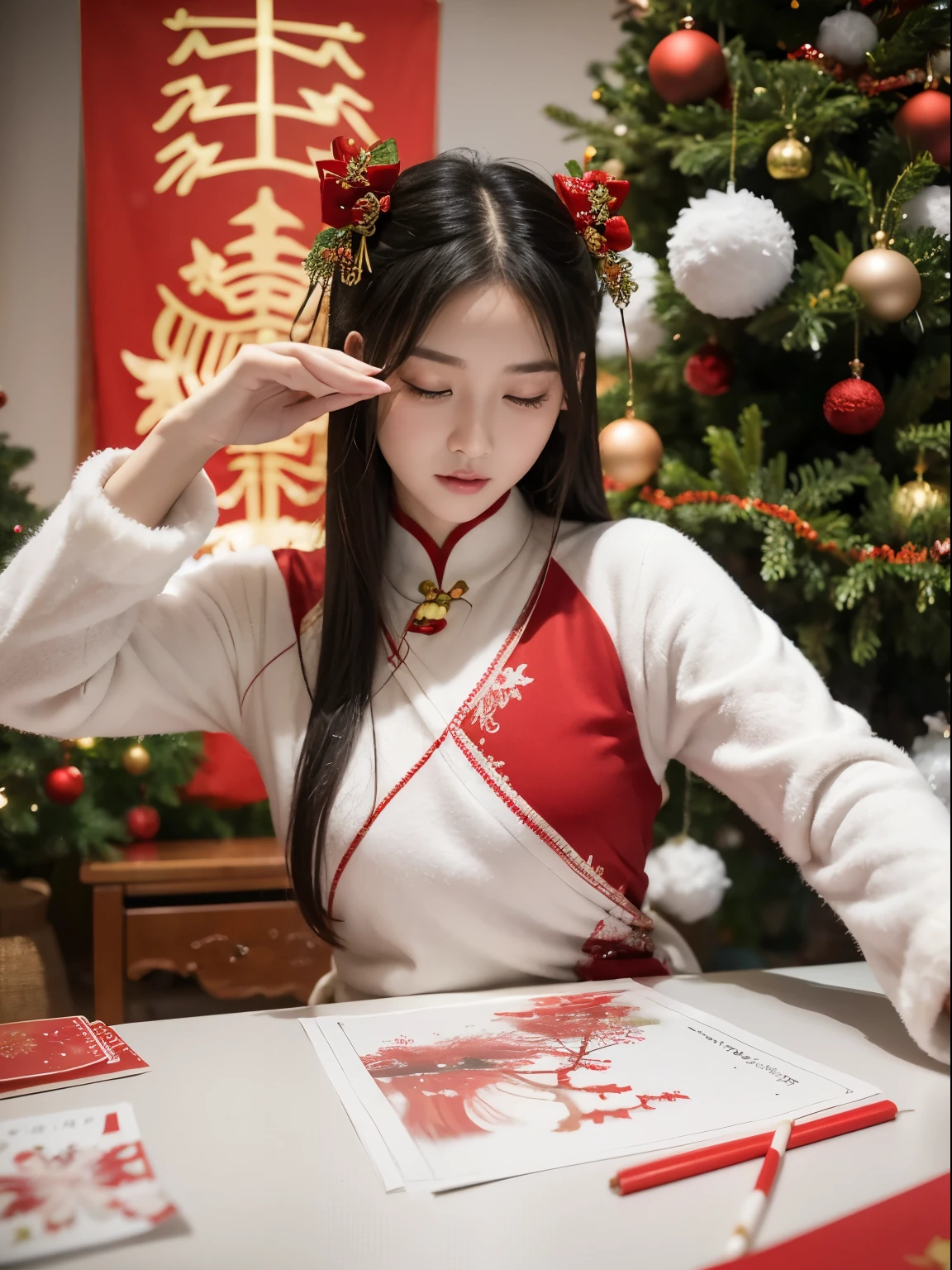 Draw a Christmas card with Chinese characteristics，On the front is a beautifully decorated Christmas tree，The background is a traditional Chinese pattern，The words &#39;Merry Christmas&#39; and &#39;Blessings&#39; are written on the reverse.。Using Chinese -cutting art techniques，Cut the Christmas tree and background patterns into beautiful shapes，Then write blessings in calligraphy fonts。k hd，Stereo light，cinematric light，bioluminescence ，Leave white space，high qulity，Highly practical，color curve，Odds rules