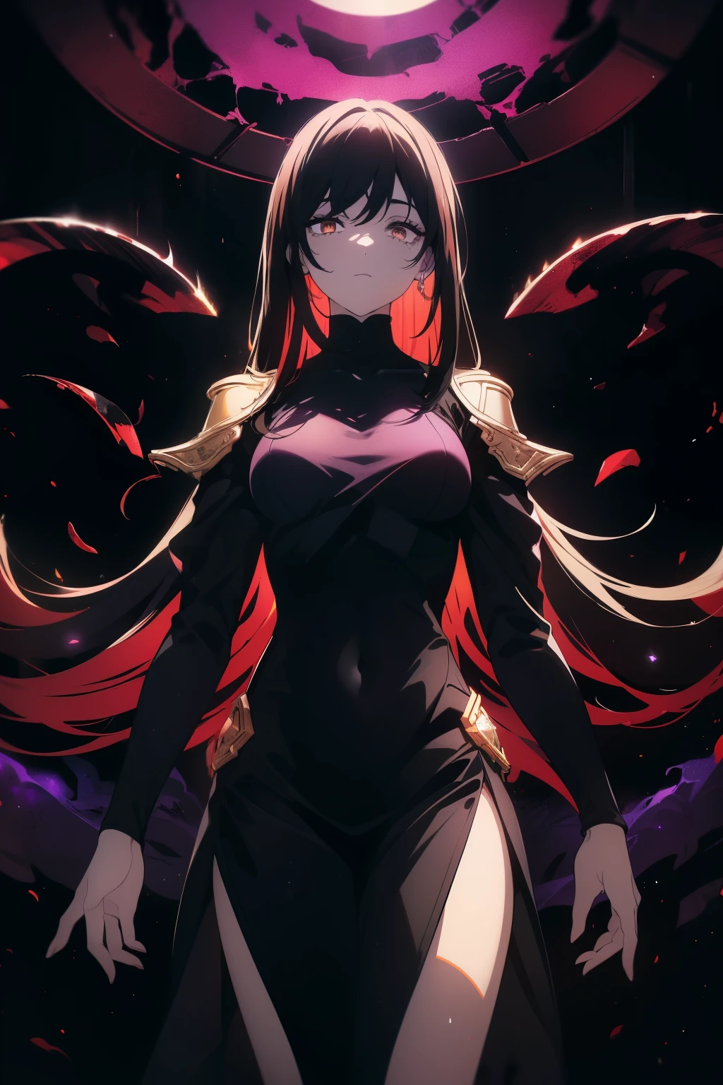 ((((Obra maestra, La mejor calidad, ultrahigh resolution)))), 1girl, happy, (((standing, suit of red armor))), (black hair, dark black hair over eye:1), long hair cut, pale skin, ((brown eyes)), (glowing_eyes), (ultra detailed eyes:0.7, beautiful and detailed face, detailed eyes:0.9), ((centered)), ((over joyed expression)), ((wide shot)), facing viewer, (((indoor part, purple and black lights, black dancing silhouettes:0.9, rave:1))), medium breasts, looking at viewer, ((half closed eyes)), ((perfect hands)), (((head:1, arms, hips in view, elbows, thighs, in view))), ((hands at sides)), lively eyes, beautiful lighting, outside, outdoors, background, defined subject, 25 years old, (head tilt), (((cool))), ((lively)), (((wave of fire, flames)))