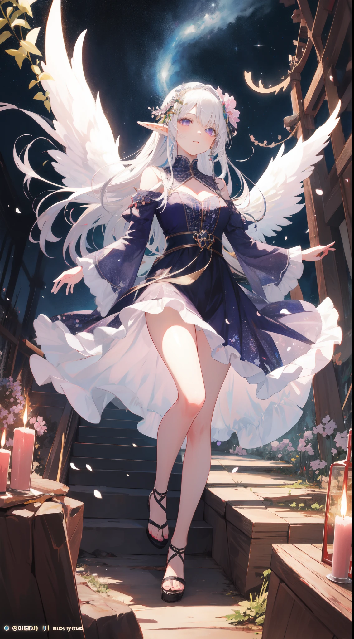 ((masterpiece, best quality)), official art, unity 8k wallpaper, ultra detailed, In a realm of enchantment, within a magical forest, A mysterious angel elf girl appears, a radiant being adorned in gossamer threads of moonlight. Her skirt, woven from petals and stardust, shimmers with an iridescent glow, reflecting the celestial canopy above. Flowering trees々As she flutters her wings in the midst of sparkling fireflies, the air resonates with the ethereal symphony of nature's whispers, Creating a place where dreams and reality are intertwined,Dances that form pure charm,Mo size,Full body photo,中景 the scene is the most beautiful form of chaos, elegant, a brutalist designed, vivid colours, romanticism, by Artgerm, Wadim kashin, Kawacy, BREAK, highly detailed of (elf), (1girl), perfect face,details eye, straight hair, Blunt bangs, (hair between eye), white hair, violet eyes, BREAK, eyelashes, eyeshadow, pink eyeshadow,