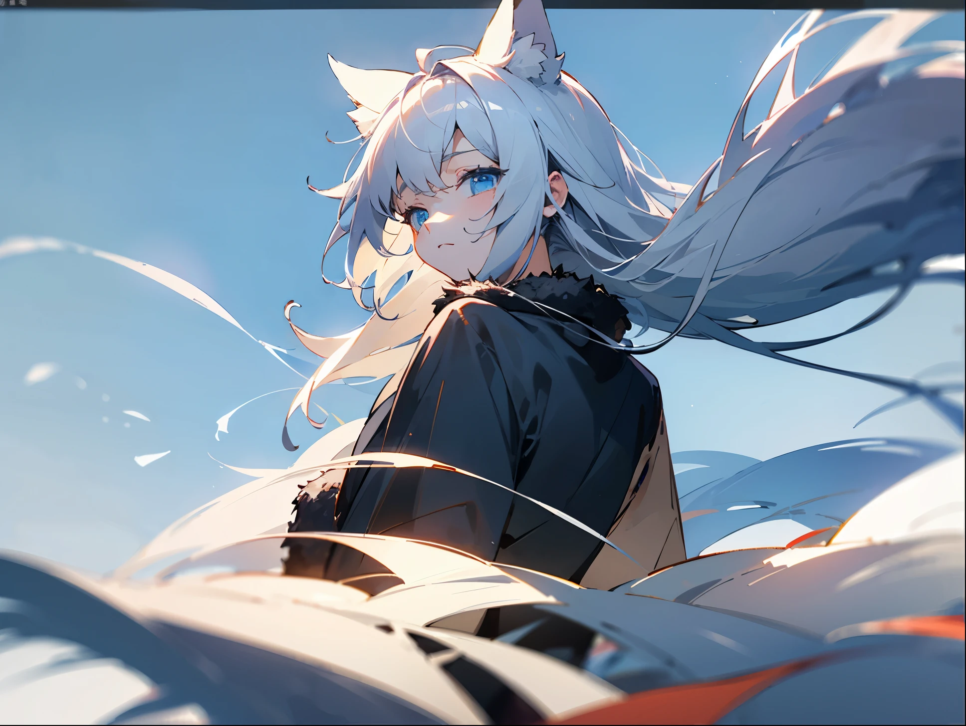 facing forward and relaxing、sleepy、had a dark look、He had gray hair and furry ears.、girl with blue eyes。The wind is blowing。The back is black。