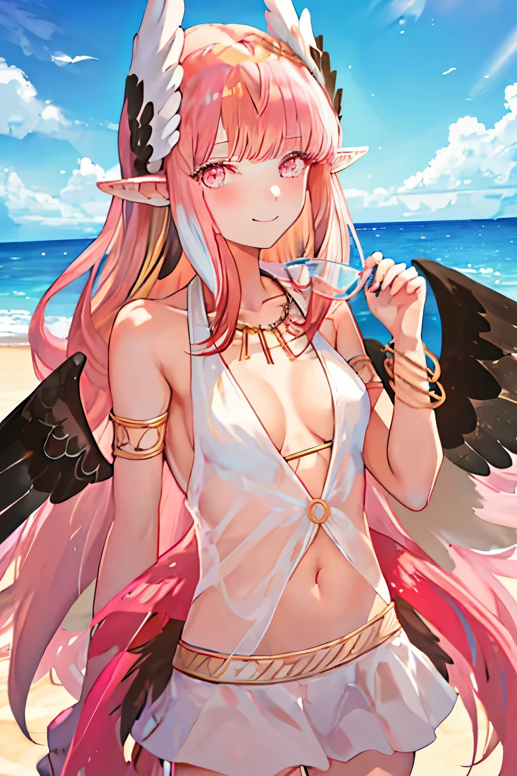 best quality, master piece, High, alone, {Night:1.10}, {Starlight sky:1.10}, Beach, beautiful detailed sky, {Extremely detailed background:1.20}, {Circe_FGO:1.15}, {stand:1.10} , Looking at Viewer, {bikini:1.30}, pointy_Ears, Pink_hair, Head_Wings, Wings, fringe, feathered_Wings, Long_hair, jewelry, smile, breasts, necklace, blush, small_breasts, multicolored_eye, light smile