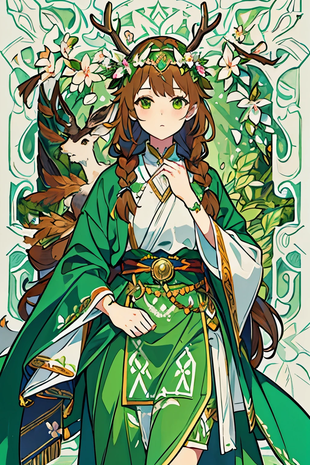 4k,masterpiece,best work,high detail,accurate detail,fantasy forest background,animals at background,girl,traditional cloth,green cloth,fantasy style cloth,brown braided hair,long braided hair,flower crown,Irish elk antlers,Irish deer horn,giant antlers