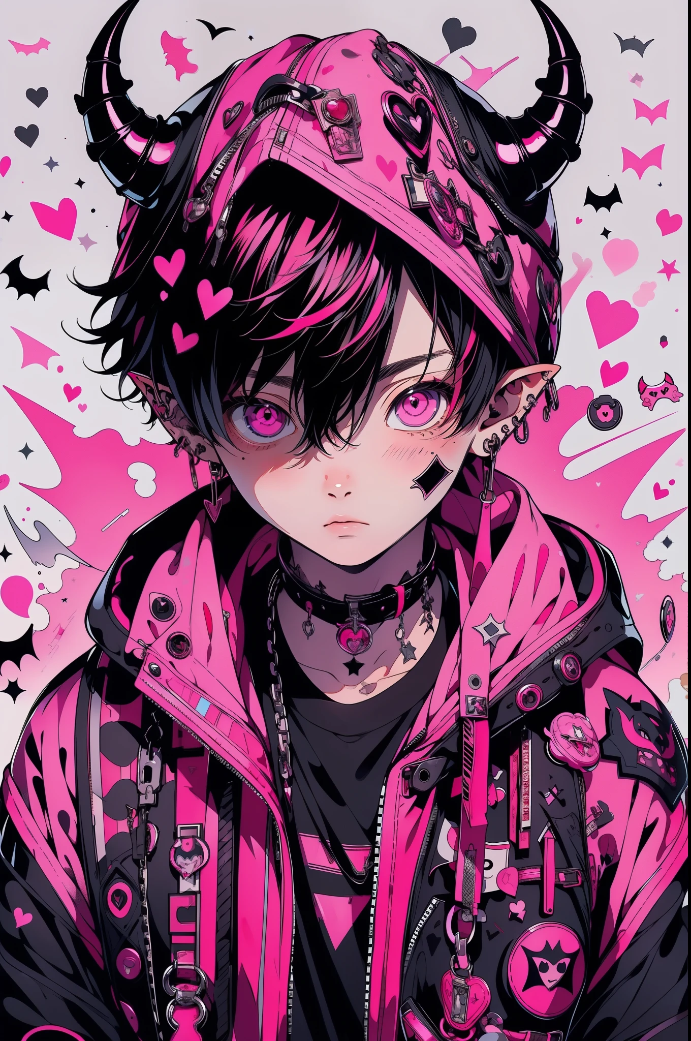 (best quality, masterpiece:1.2),1boy,niji,black hair,pink eyes,horns,pink theme,looking at viewer,hood,jacket,heart,black shirt,pointy ears,demon boy,solo,shirt,short hair,