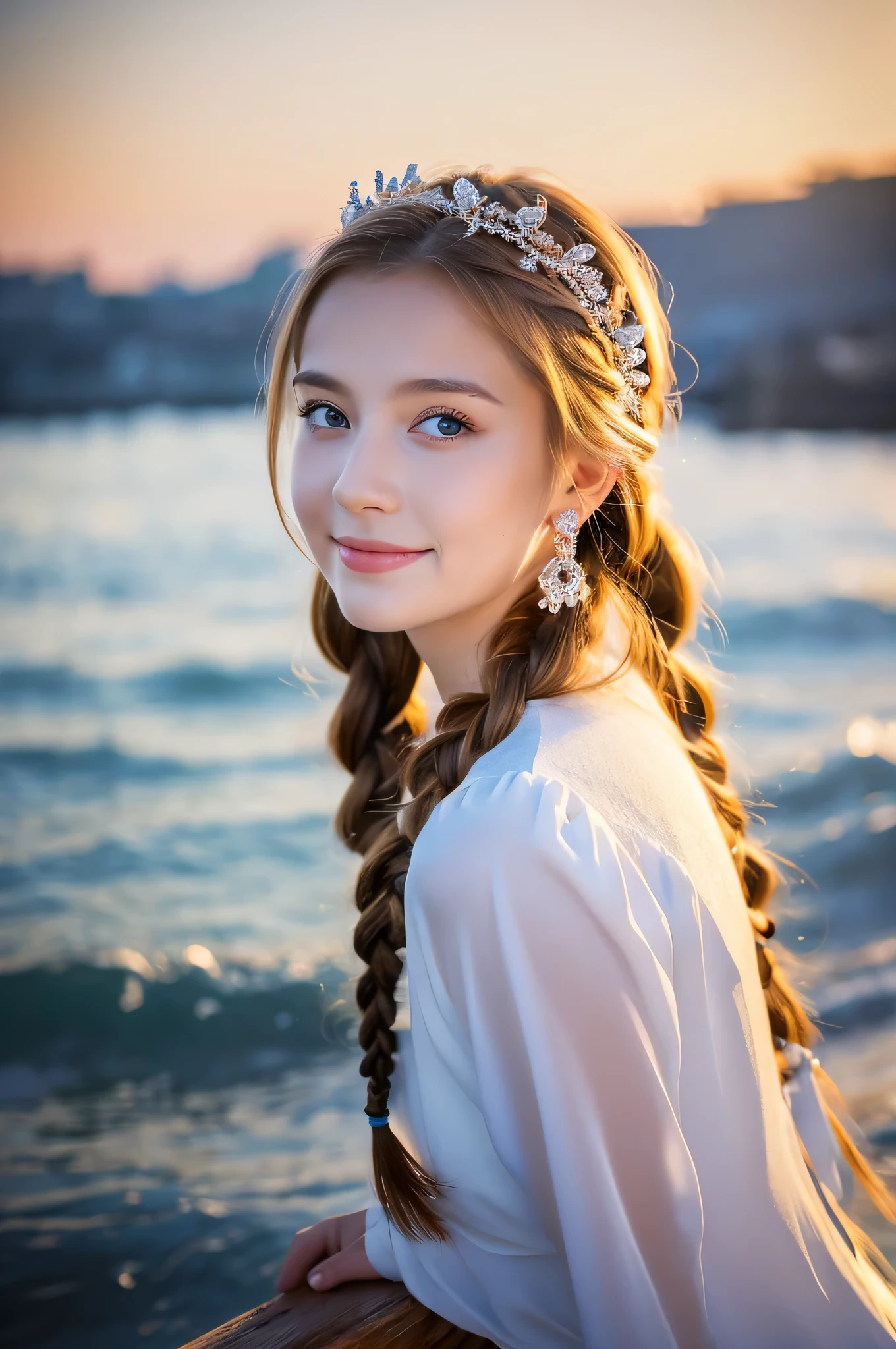 ,((Best quality))),8k,((Masterpiece)),(Extremely refined and beautiful), there is a girl coming out of the sea, a swan princess in Russian mythology, beautiful calm face, blue eyes, long blonde hair braided, the moon braided hair on the back of the head, white old Russian shiny clothes with a Kokoshnik crown on his head, affectionate eyes, half a smile, a gentle expression on his face, seascape and sunlight in the background, seagulls in the sky, full length, realism