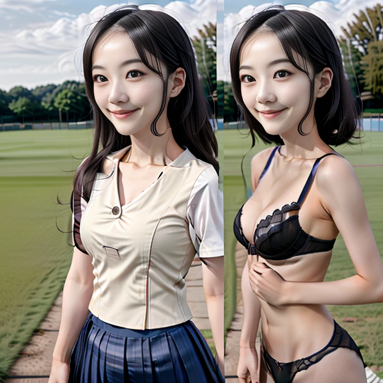 neat college girl, petite person, (school uniform, summer uniform, short sleeve), outside the athletic field, (slim), photorealistic, detail, skin texture, ultra detail, delicate sexy collarbone, smile, super detailed face, detailed lips, detailed eyes, double eyelids, breast enhancement