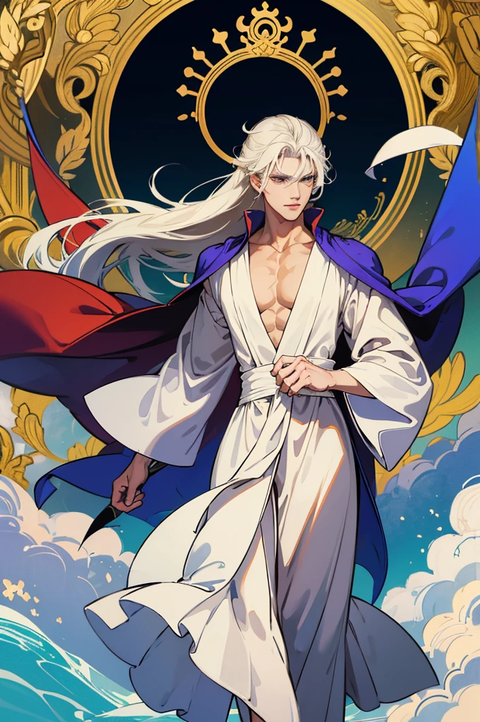 male people、ローブとパンツを着て滑走路を歩くアラフォーmale people, wearing a long flowing robe, ornate flowing robe, wearing a luxurious silk robe, wearing a luxurious silk cloak, floating robes, in a silk robe, flowing robe, flowing robes, , flowing robes, wearing dramatic aristocrat robe