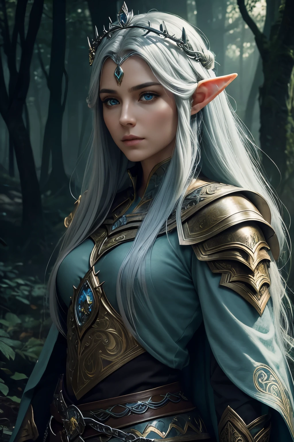 best quality,ultra-detailed,realistic,portrait,dnd, fantasy,character design,elven warrior,beautiful detailed eyes,long elven ears,flowing silver hair,sword and shield,battle-ready armor,majestic crown,magical aura,mysterious background,moonlit forest,sense of adventure,vivid colors,high contrast lighting,heroic pose,mythical creatures,enchanted atmosphere,ethereal beauty,elven culture,ancient ruins,mystical symbols,deep forest shadows,expressive face,wisdom and strength,exquisite details,heroic fantasy,legendary hero,epic proportions,fearless warrior,bravery and determination,resolute gaze