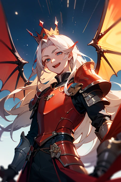 ((Best quality at best)), ((tmasterpiece)), (Detailed pubic hair), s the perfect face,1boys,Wearing a red gold crown with dragon wings、European boy in armor,Head up ,Smiling boldly,long white hair and eyebrowlood-red whites of the eyes,Photos of Ares Saga laughing,Blue starry sky in the background,