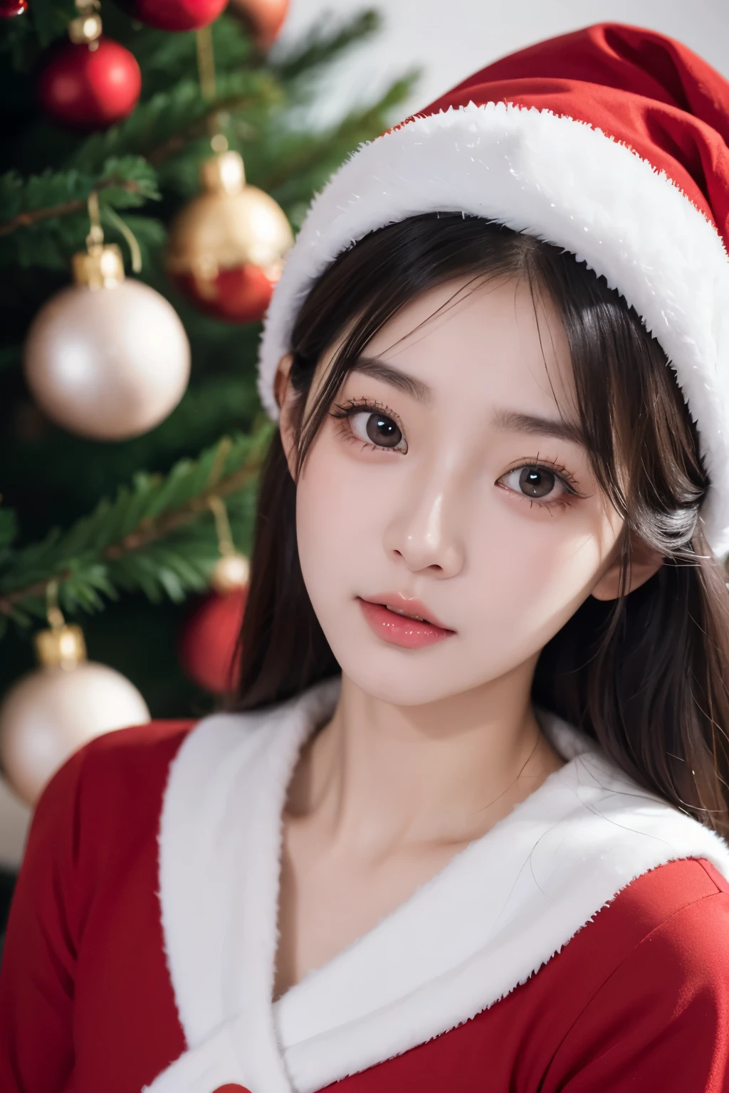 （Best quality，8K，tmasterpiece：1.3）A cute and cute Korean girl，Wearing red santa hat，Next to Christmas tree background，her eyes sparkle，Clear pupils，Delicate double eyelids，Long eyelashes，Her face is full of shyness，her face is happy。The unique charm of a plump bust。