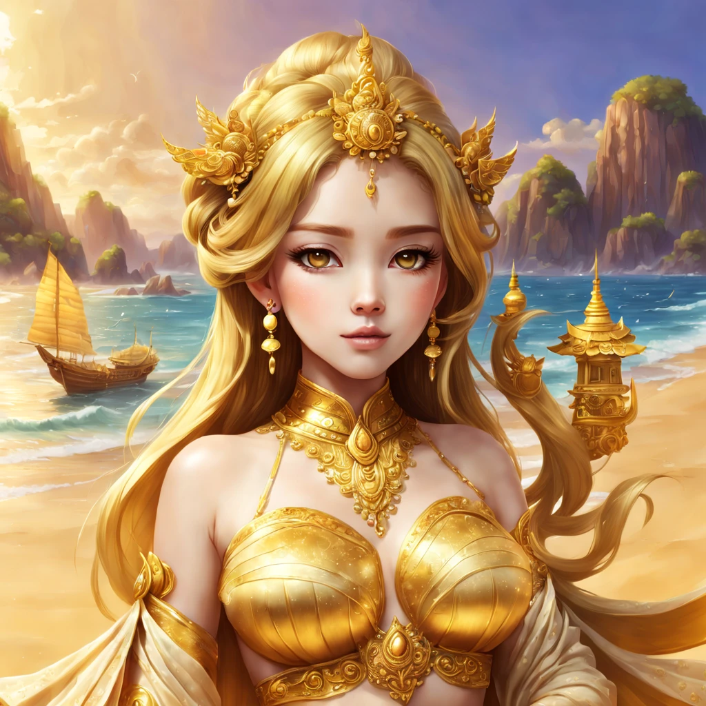 The golden sand stands witness to her beauty, and the rise of a new dynasty, kawaii, highly detailed, beautiful
