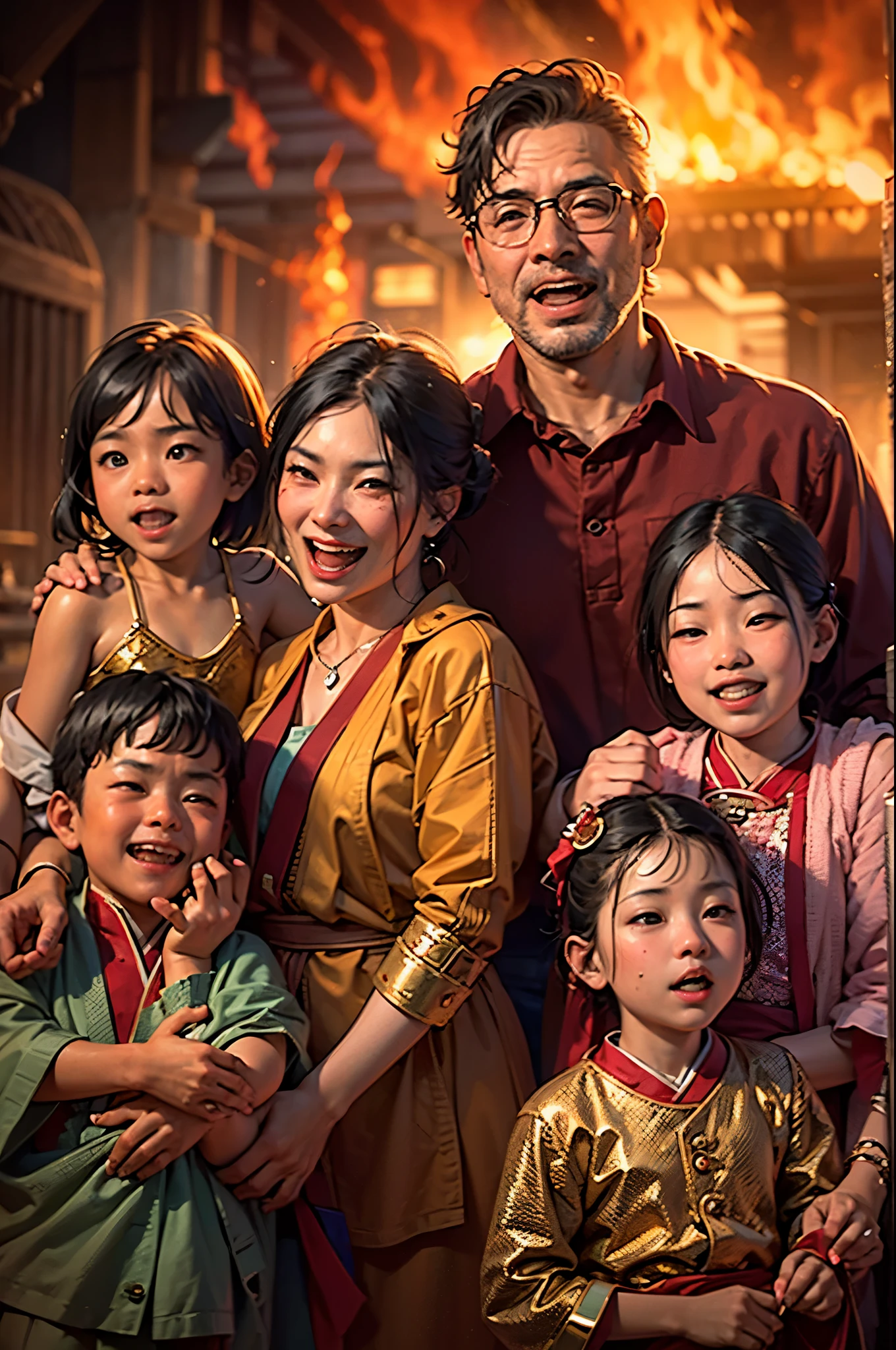 An Asian family portrait where the family is happy but the home and surroundings are on fire. A mother, father, 2 daughters and 2 sons.
Film poster
(highres,masterpiece:1.2),ultra-detailed,(realistic,photorealistic,photo-realistic:1.37),Asian family,portraits,warm colors,soft lighting,burning house,burning surroundings,happy family,facial expressions of joy,smiling faces,laughter,beautiful detailed eyes,beautiful detailed lips,unique poses,stunning outfits,traditional clothing,peaceful ambiance,contrast between joy and destruction,distressed environment,dark smoke,glowing flames,dramatic composition,emotionally powerful,storytelling elements,family unity,love and resilience,impressive flames illuminating the scene,driven by hope,serene background,soothing nature elements,strong bond,unwavering spirit,mixed emotions,captivating mood,compelling story,tradition amidst chaos