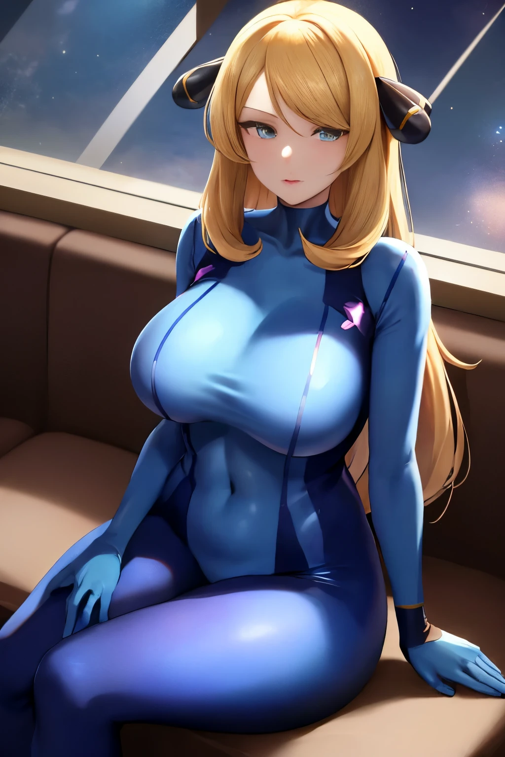 masterpiece, best quality, highres, cynthia, solo, bikesuit, blue bodysuit, choker, large breasts, gloves, green eyes, blond, long hair, sitting down, (space visible through window), starry sky, inside spaceship, hair ornaments