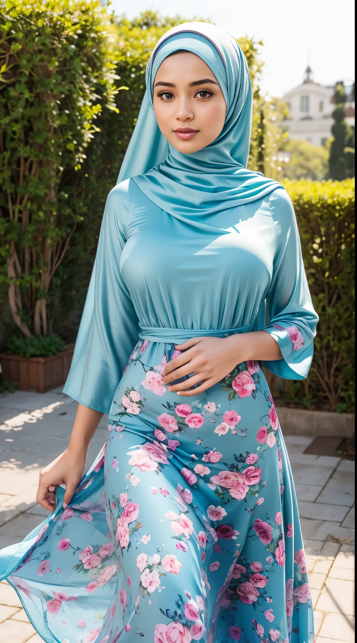 ( Close Up),RAW, Best quality, high resolution, masterpiece: 1.3), beautiful Malay woman in hijab,Masterpiece, perfect fit body, (big breast),big gorgeous eyes, Soft smile,thick thighs, beutifull face, woman wearing a blue floral dress and a hijab, modest flowing gown, flowery dress, wearing a long flowery dress, beautiful soft silky dress, flowing dress, frock, muslim dress, soft silk dress, beautiful silky dress, long dress, full covered dress, long dress female, belly free teal dress, flower dress, floral!, stylish dress, beautiful detailed dress , (Delicate turtleneck) , shairband, afternoon walk, City garden, Excellent lighting, Bright colors, Clean lines