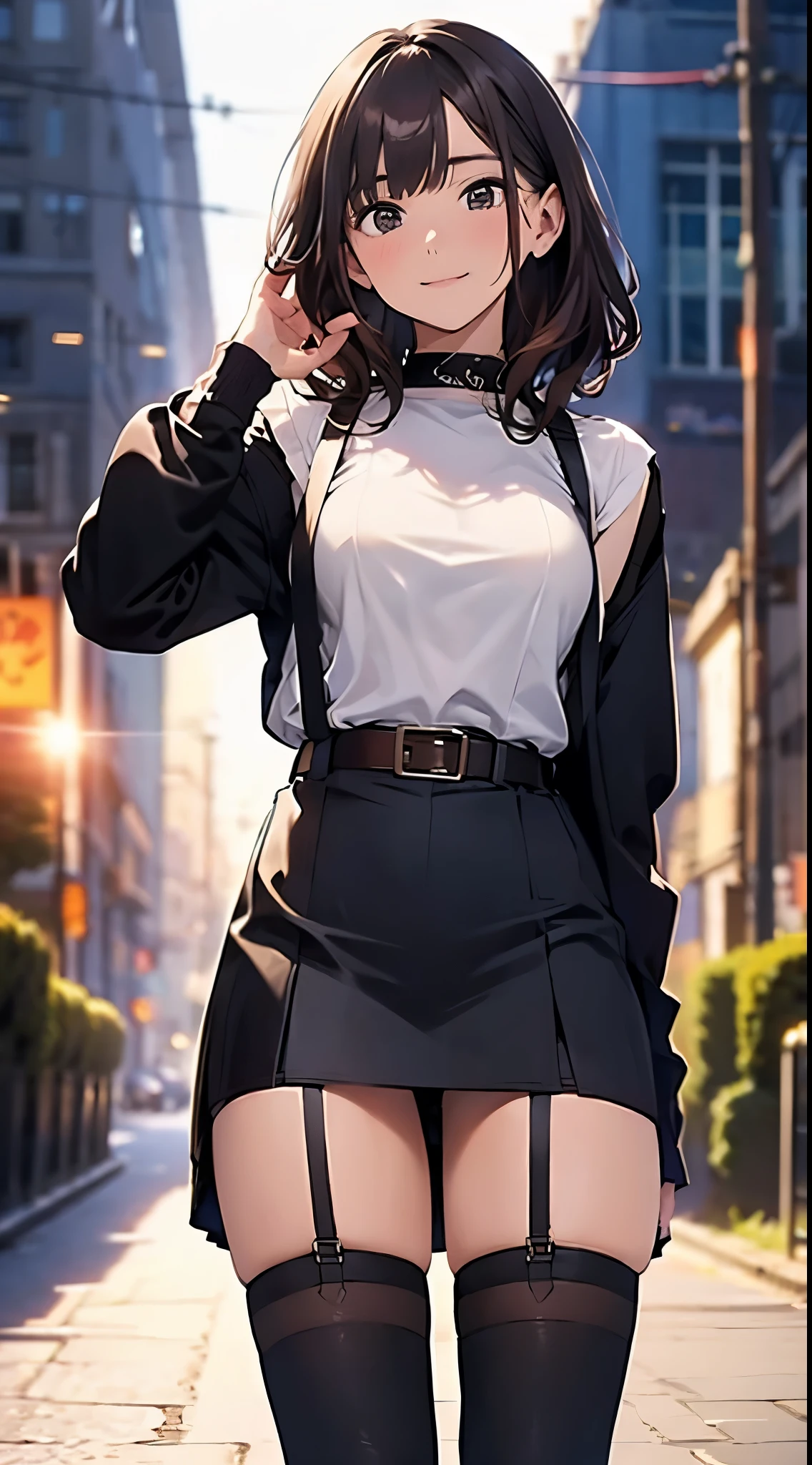 Brown hair、watching at viewers　　　black suspenders　　　Bulging big breasts　　 　 　　　walls: 　Black miniskirt　garters　　　　　　Gaze　　　Small face　bangss 　　　holster　　　Beautuful Women　　hands up　　レッグholster ベッドに横たわる　　Gaze 　黒いブーツ Panchira　provocation　　soio 　arm　In the car　Fold your hands behind your back　belt dark face　Panchira