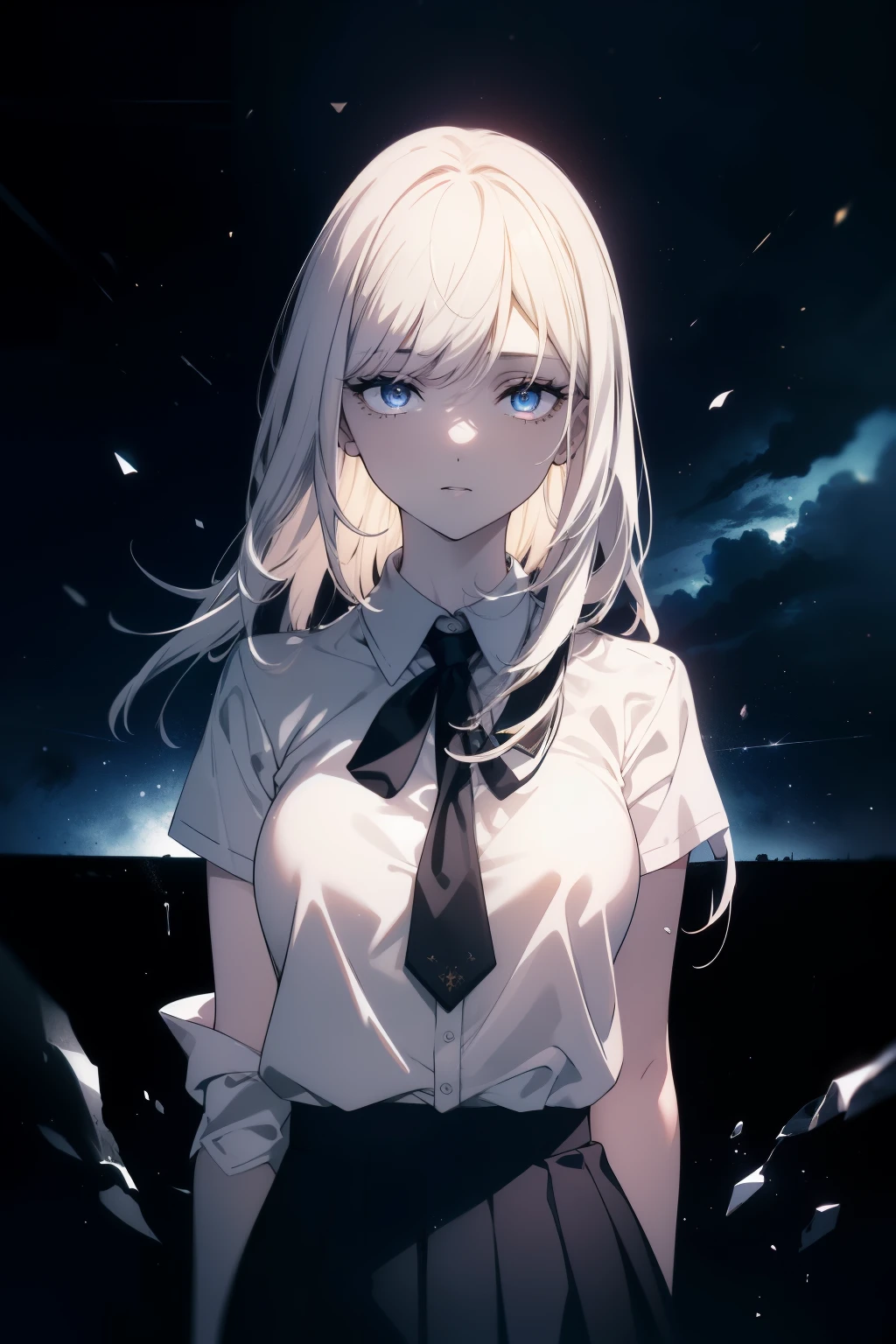 (((Obra maestra, La mejor calidad, ultrahigh resolution))), 1girl, standing, school uniform, white office shirt, black pleated skirt, ((light brown hair:0.7)), long hair cut, pale skin, ((blue eyes)), glowing_eyes, neon eyes, (((ultra detailed eyes, beautiful and detailed face, detailed eyes))), ((centered)), smile, ((wide shot)), facing viewer, eye level, (blurry background, night sky background), flat chested, looking at viewer, ((half closed eyes)), ((perfect hands)), (((head, arms, hips, elbows, in view))), ((hands behind back)), empty eyes, beautiful lighting, outside, outdoors, shooting star:0.7, background, defined subject, massive moon, 25 years old