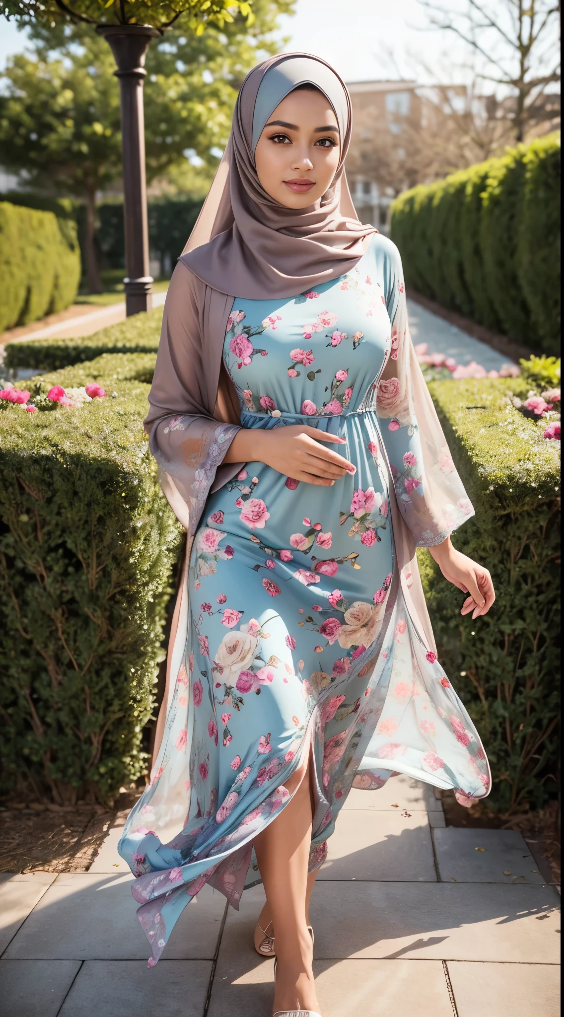 ( Close Up),RAW, Best quality, high resolution, masterpiece: 1.3), beautiful Malay woman in hijab,Masterpiece, perfect fit body, (big breast),big gorgeous eyes, Soft smile,thick thighs, beutifull face, woman wearing a brown floral dress and blue hijab, modest flowing gown, muslim dress, beautiful soft silky dress, floral art novuea dress, long dress female, beautiful detailed dress, flowery dress, beautiful silky dress, wearing a long flowery dress, floral art nouveau dress, full covered dress, elegant dress, flowing dress, femme , (Delicate turtleneck) , shairband, afternoon walk, City garden, Excellent lighting, Bright colors, Clean lines