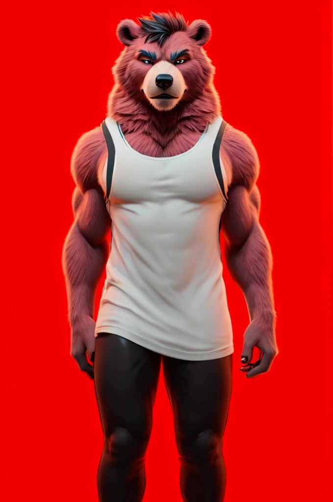 Big muscular anthro pink fur bear. Wearing white tanktop