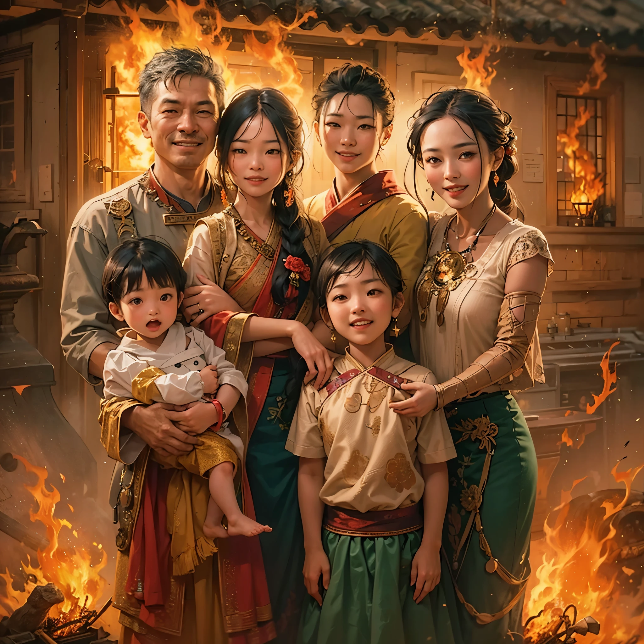 An Asian family portrait where the family is happy but the home and surroundings are on fire.
(highres,masterpiece:1.2),ultra-detailed,(realistic,photorealistic,photo-realistic:1.37),Asian family,portraits,warm colors,soft lighting,burning house,burning surroundings,happy family,facial expressions of joy,smiling faces,laughter,beautiful detailed eyes,beautiful detailed lips,unique poses,stunning outfits,traditional clothing,peaceful ambiance,contrast between joy and destruction,distressed environment,dark smoke,glowing flames,dramatic composition,emotionally powerful,storytelling elements,family unity,love and resilience,impressive flames illuminating the scene,driven by hope,serene background,soothing nature elements,strong bond,unwavering spirit,mixed emotions,captivating mood,compelling story,tradition amidst chaos