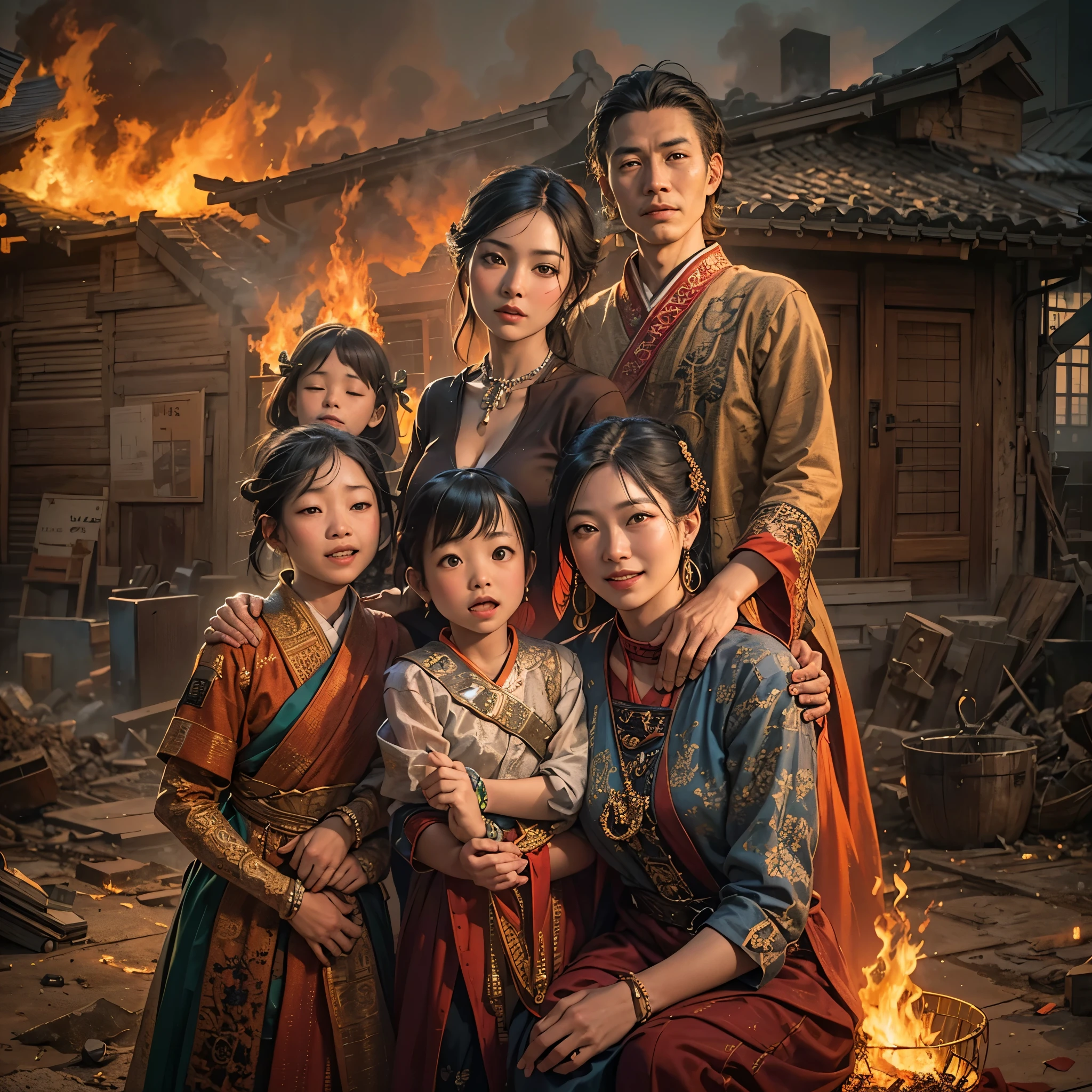 An Asian family portrait where the family is happy but the home and surroundings are on fire.

(highres,masterpiece:1.2),ultra-detailed,(realistic,photorealistic,photo-realistic:1.37),Asian family,portraits,warm colors,soft lighting,burning house,burning surroundings,happy family,facial expressions of joy,smiling faces,laughter,beautiful detailed eyes,beautiful detailed lips,unique poses,stunning outfits,traditional clothing,peaceful ambiance,contrast between joy and destruction,distressed environment,dark smoke,glowing flames,dramatic composition,emotionally powerful,storytelling elements,family unity,love and resilience,impressive flames illuminating the scene,driven by hope,serene background,soothing nature elements,strong bond,unwavering spirit,mixed emotions,captivating mood,compelling story,tradition amidst chaos