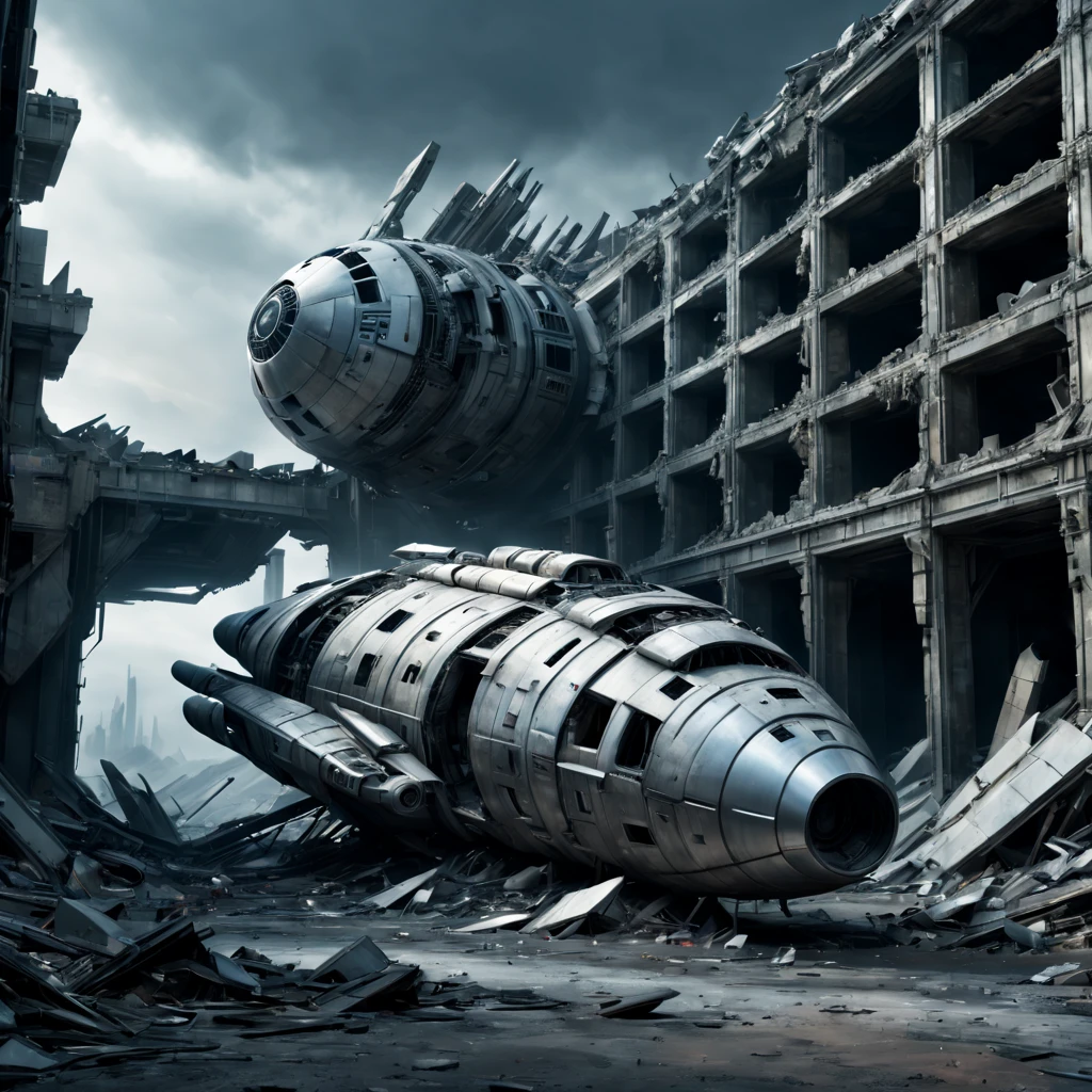 (best quality,4k,8k,highres,masterpiece:1.2),ultra-detailed,(realistic,photorealistic,photo-realistic:1.37),spacecraft wreckage,desolate,ruins,futuristic,galactic exploration,cyberpunk vibe,dystopian landscape,cold and metallic,silver tones,eerie atmosphere,extraterrestrial technology,enormous size,aged and weathered