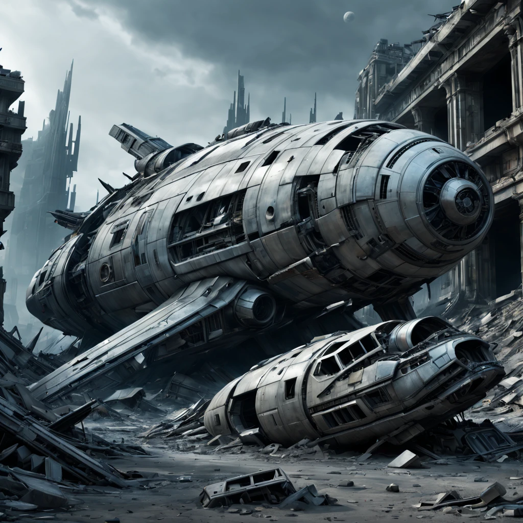 (best quality,4k,8k,highres,masterpiece:1.2),ultra-detailed,(realistic,photorealistic,photo-realistic:1.37),spacecraft wreckage,desolate,ruins,futuristic,galactic exploration,cyberpunk vibe,dystopian landscape,cold and metallic,silver tones,eerie atmosphere,extraterrestrial technology,enormous size,aged and weathered