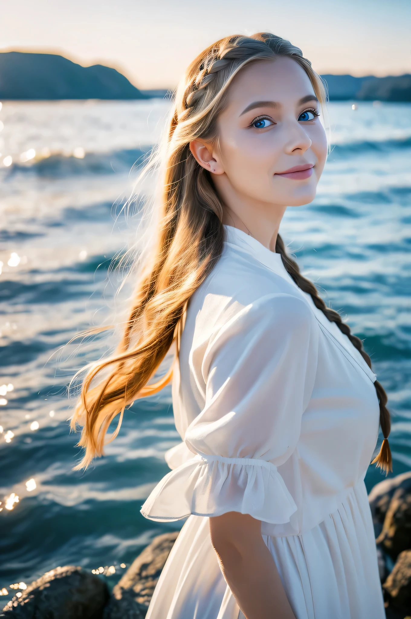 ,((Best quality))),8k,((Masterpiece)),(Extremely refined and beautiful), there is a girl coming out of the sea, a swan princess in Russian mythology, beautiful calm face, blue eyes, long blonde hair braided, the moon braided hair on the back of the head, white old Russian shiny clothes with a Kokoshnik crown on his head, affectionate eyes, half a smile, a gentle expression on his face, seascape and sunlight in the background, seagulls in the sky, full length, realism
