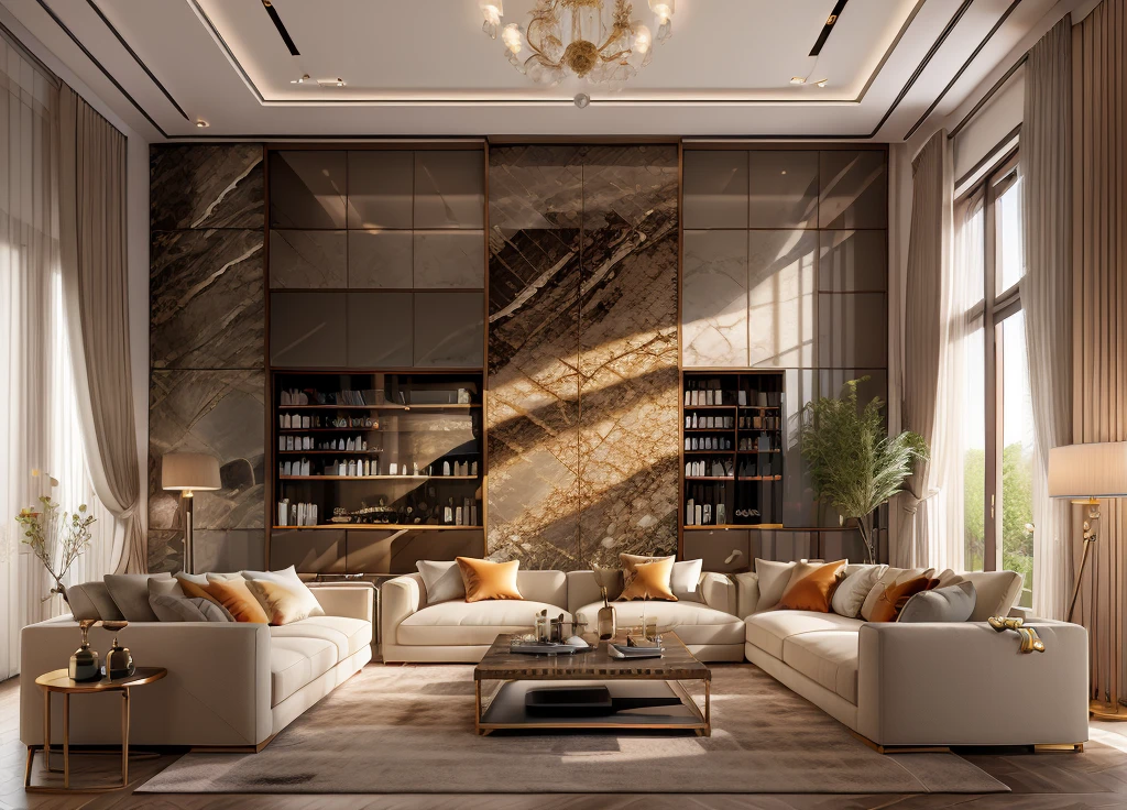 ultra realistic, masterpiece, best quality, super detailed, ultra high res, raw photo, 8k,
a modern livingroom, (fabric sofa), (fabric pillow), stone opaque resin panel, brown and white, luxury, in the style of enchanting lighting, light gold and light black, li shuxing, traditional-modern fusion, soft atmospheric light, hard-edged lines, (window),  fabric window blinds, blue sky, 1 black TV,
 masterpiece,ultra realistic,32k,extremely detailed CG unity 8k wallpaper, best quality