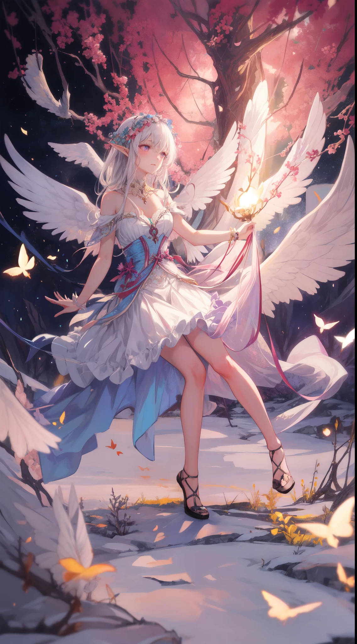  ((best quality)), ((masterpiece)), (detailed), a heavenly female knight, imposing, biblical, NSFW, long white grey hair, grey white eyes, very skinny, detailed, best quality, prominent collarbones, skinny arms, flat stomach, visible hip bones, small breasts, full body, red and white clothing, occult aesthetic, occult, detailed and intricate steampunk and detailed gothic, NSFW, Fluttering lace flared long knee length dress with frilly petticoats, knee length dress, pleated petticoats, petticoats gothic, complex lace boots, gothic aesthetic, wielding a mighty sword with mechanical components, mandalas, small breasts, a fairy, various different types of insect wings, bug wings, beetle wings, NSFW, full body, whole body, body, chains, 