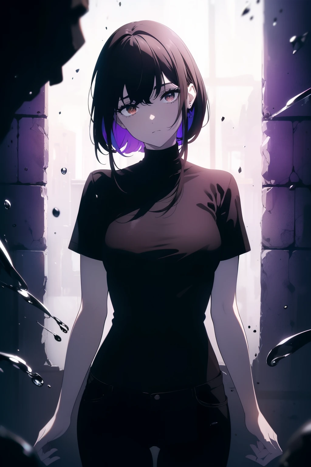 ((((Obra maestra, La mejor calidad, ultrahigh resolution)))), 1girl, happy, standing, black t-shirt, jean shortlack hair, dark black hair over eye:1), long hair cut, pale skin, ((brown eyes)), (glowing_eyes), (ultra detailed eyes:0.7, beautiful and detailed face, detailed eyes:0.9), ((centered)), ((over joyed expression)), ((wide shot)), facing viewer, (((indoor part, purple and black lights, black dancing silhouettes:0.9, rave:1))), medium breasts, looking at viewer, ((half closed eyes)), ((perfect hands)), (((head:1, arms, hips in view, elbows, thighs, in view))), ((hands at sides)), lively eyes, beautiful lighting, outside, outdoors, background, defined subject, 25 years old, (head tilt), (((cool))), ((lively)), (((splash)))