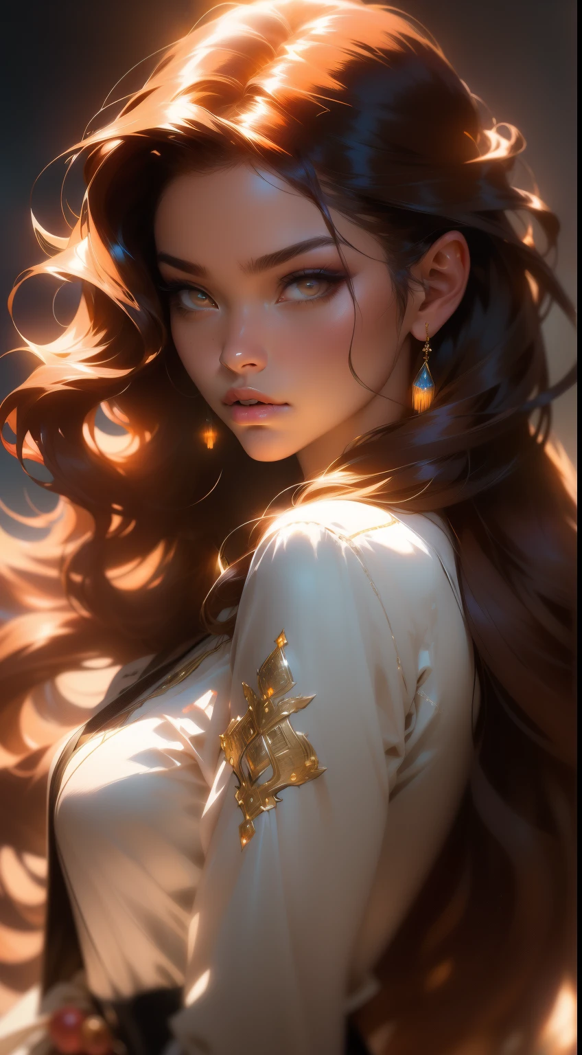 Trending on ArtStation, stanley artgerm lau cinematic wallpaper, WLOP, Ross, Tiago Jean, Andrei Riabovitchev, Marcos Simonetti, Yoshitaka Amano. Tiago Jean and Gustav Klimt background, Julie Bell Light, Porcelain Skin, Zdislaw Beksinski Style, dynamic lighting, Full Face portrait photo oFUltra detailed illustration of a graceful young African American woman with glowing brown eyes, browned skin, wave long hair, (hair brown with extra long curl), .RAW, beautiFul woman, semi-open strawberry lip, Dimples, wistFul expression, (brown hair with extra long curl), ((detailed Face)), ((detailed Facial Featureine detailed skin), environment cyberpunk megacity, (cold color), damp, humid, reFlection, (masterpieceShot with Canon EOS R5 (detail) (realistic photos) (Detailed details) 50mm lens, F/2.8, HDR, (8k) (wallpaper) (A cinematic lighting) (dramatic lighting) (sharp Focus) (Complex), .RAW photography, .RAW photography, gigachad photography, camera pose, black jeans, back arm, 8k UHD, DSLR, high quality, film grain, FujiFilm XT3 , Film Stock Photo 4 Kodak Portra 400 Camera F1.6 Lenses Rich colors Ultra-realistic textures Dramatic lighting Unreal Engine Art Station Trends Cinestill 800 Tungsten, toughboy style, Ultra Focus Face, Intimidating, Combat Position, Black and Long Curly, beads, Woman young woman with open silk shirt and big chest skirt, photorealistic, 4k, Upscale, Ricate ribbon, Full body, elegant, highly detailed, very elaborate, photorealistic art, conceptual art by art, Matte, Neoartcore, sharp Focus, 插圖, skin bright, photorealistic clothes, beautiFul Face, symmetrical eyes, symmetrical, beautiFul eyes, photorealistic Face, perFect Face, symmetrical body, photorealistic eyes, safe to work, photorealistic body, photorealistic woman, photorealistic hair, photorealistic mouth, ultra high resolution, best quality , 8k, RAW Photo