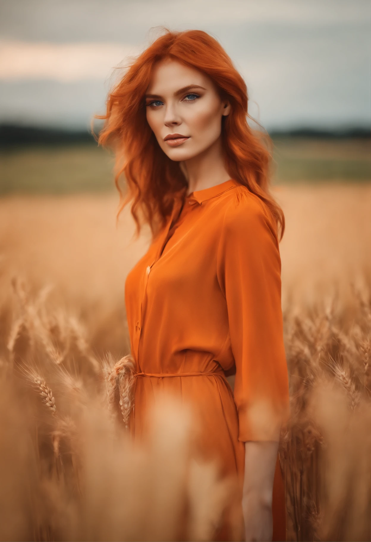 Watercolor portrait, close-up of a woman wearing a bright orange shirt and necklace in a wheat field, bright orange hair, orange hair, spiky orange hair, Bright orange, copper short hair, Short copper hair, Orange head, orange glowing hair, The vibrant, but gloomy orange, aleksandra waliszewska, irina nordsol kuzmina, orange hue, bright orange eyes, short red hair