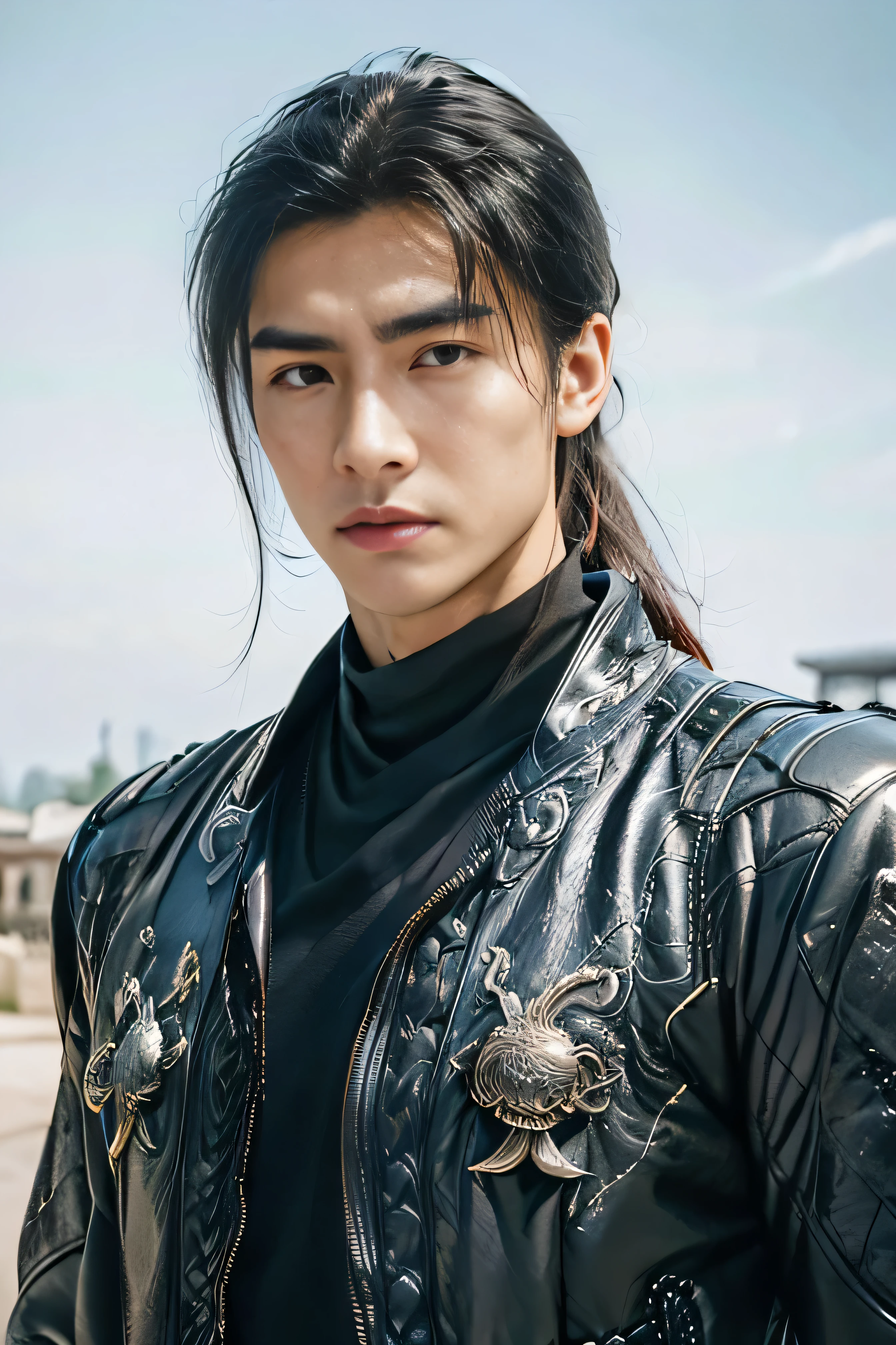 A 21-year-old Asian man,Thick eyebrows, handsome face,Men's full body ,the background is an ancient Chinese town,full moon,Pavilions and arch bridges,The limbs have pronounced muscle lines,high-definition photography,Real-world scenarios,Lots of detail, perfect skin, perfect face, wearing black leather jacket, black jeans, black turtleneck shirt, magic, ((long ponytail)), looking into the distance, determined gaze, riding a motorcycle