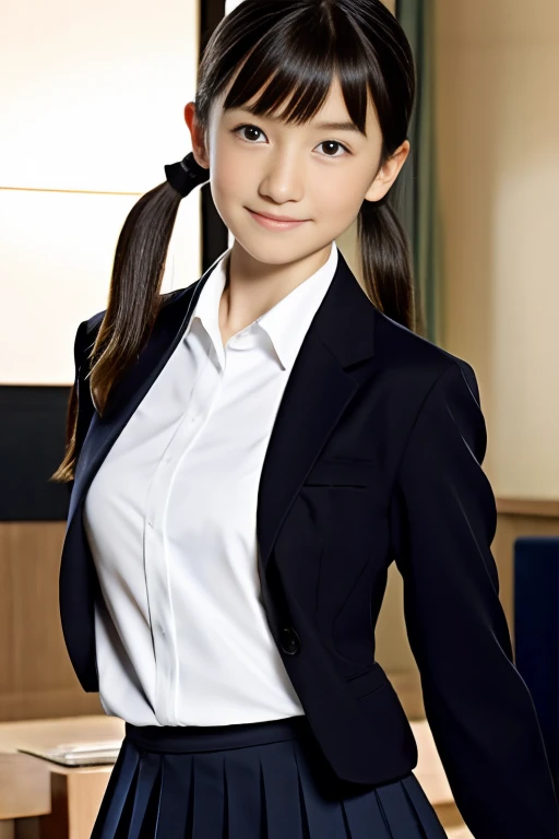 Japanese、Dance Club、11 year oldＸ１A beautiful 11-year-old Japanese woman with a long, slender face and jet-black eyes, jet-black hair in a long ponytail, and a neat, polite, and mature appearance, with small breasts and a slender figure.、Wear only blazer jacket over junior bra、flered skirt、