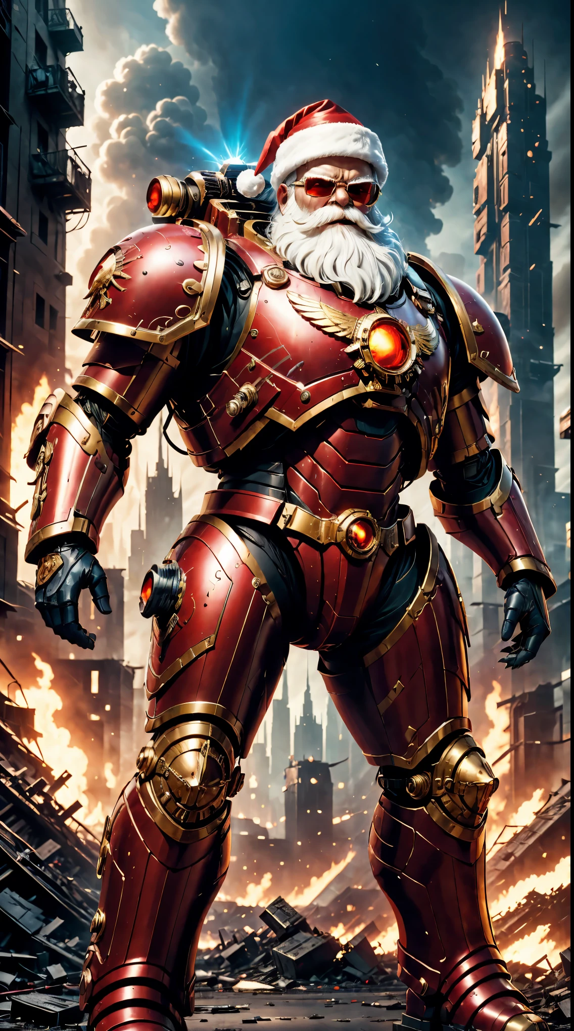 Warhammer 40K universe, cybernetic santa claus，Red gold armor mechanical suit，Shining blue eyeierce war environment，Destroyed buildings and flames，The background is a futuristic cityscape，Equipped with laser gun and shield，Radar and targeting integrated into Santa hat，severe and threatening atmosphere，Sci-fi cyberpunk aesthetics，High contrast and desaturated tones，Dramatic and dynamic lighting effect quality,4K,A high resolution,tmasterpiece:1.2),ultra - detailed,(actual,photoactual,photo-actual:1.37)