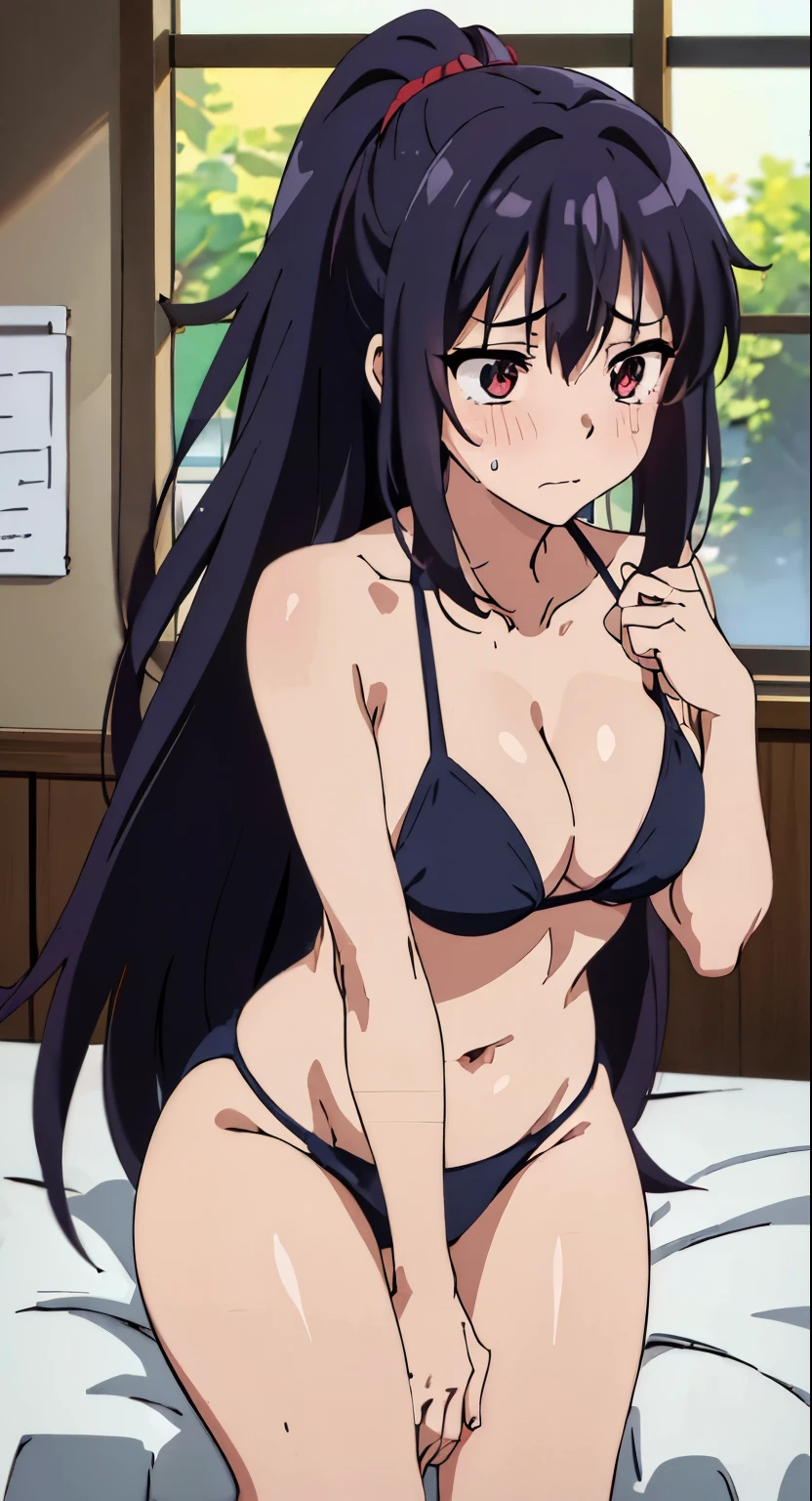 (tmasterpiece、quality、the detail、超高分辨率、8K、Beautifully detailed lighting、Very beautiful girl、Long black hair,Coiled hair、female high-school student、Clothed only in bikini、cleavage display、 at class room、bookbag, llight rays, Glow, upper legs, 鎖骨, Willow waist、pony tails, Open, Be red in the face, cosmetics, provocation, navel、sweat profusely、1 girl in、黑The eye、Sleeping on the Bed、Red blush、embarrassed from、((horrified expression))、bareless、compulsive、Loved it very much、Sexual facial expressions seen from above、Perfectly trimmed fingers,don't have clotheull body photo,細長的upper legs,Spread your legs,drools,messy hair,half-open bikini。Put one hand between your legs,The lines between the legs are real。There are tears in the corners of the eyes,There are swirling lines inside the eyes,Tsundere,body up and down,Strenuous movements、Hand repair