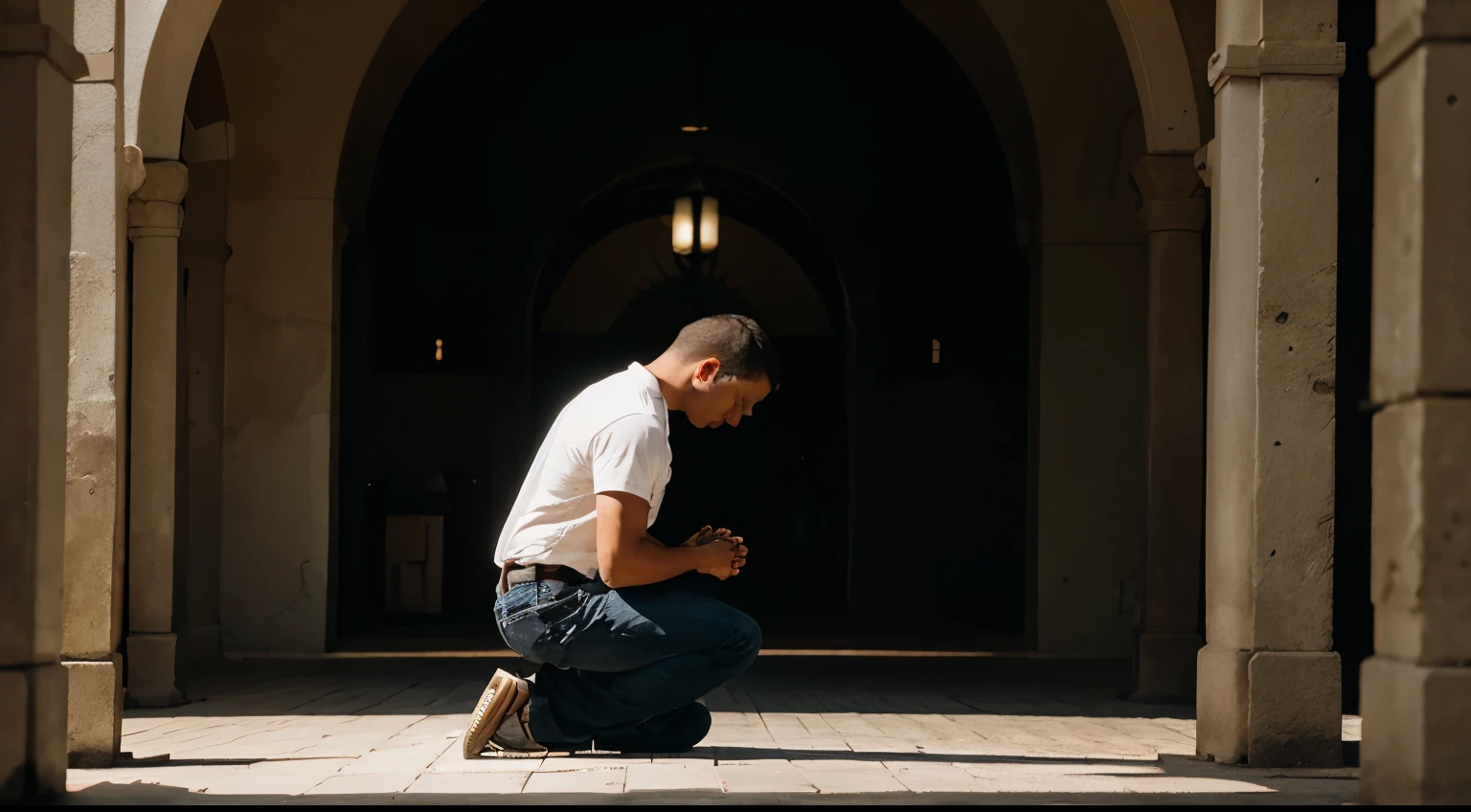creates an image of a man kneeling praying to god