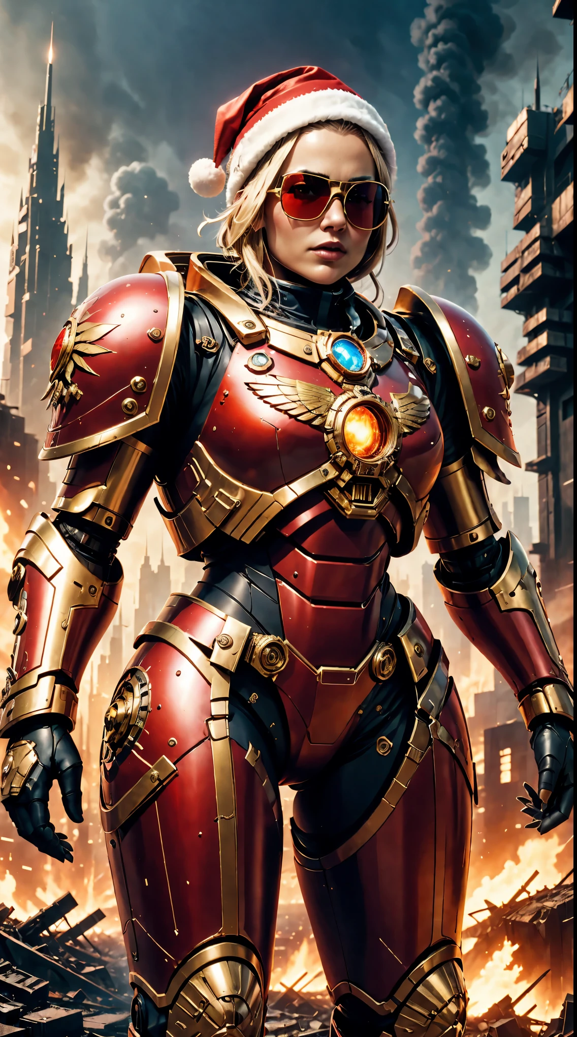 (best quality,highres:1.2),Warhammer 40K universe,girl,mechanized armor suit in red and gold,glowing sunglasses,war-torn environment,destroyed buildings and flames,futuristic cityscape background