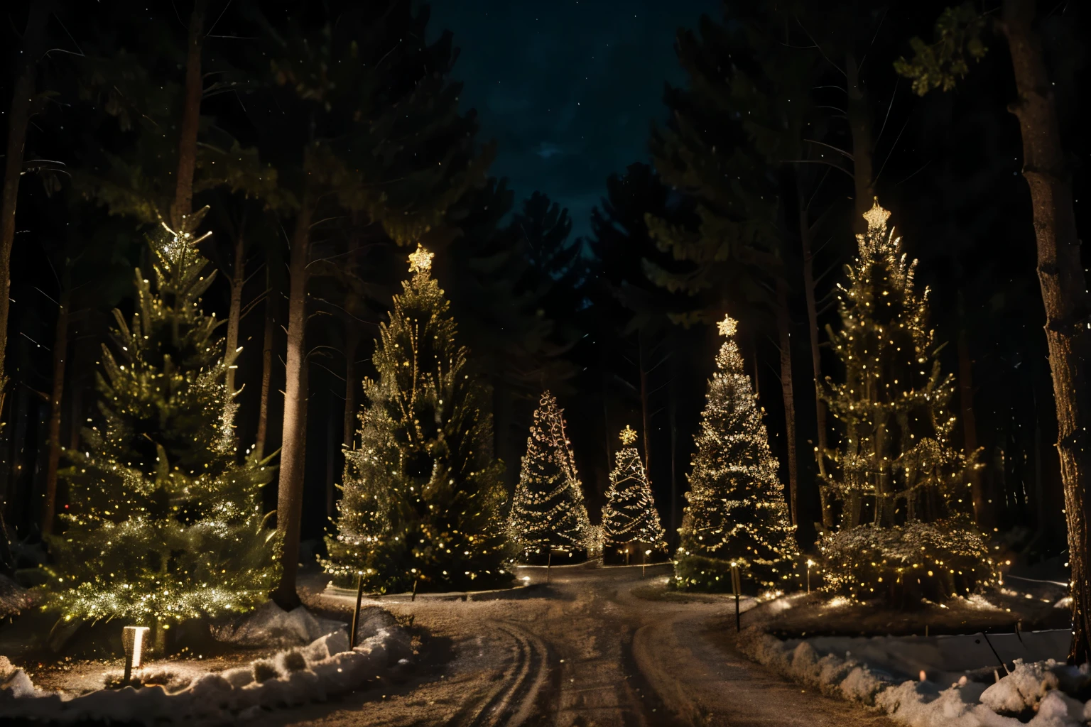 a forest of Christmas trees at night