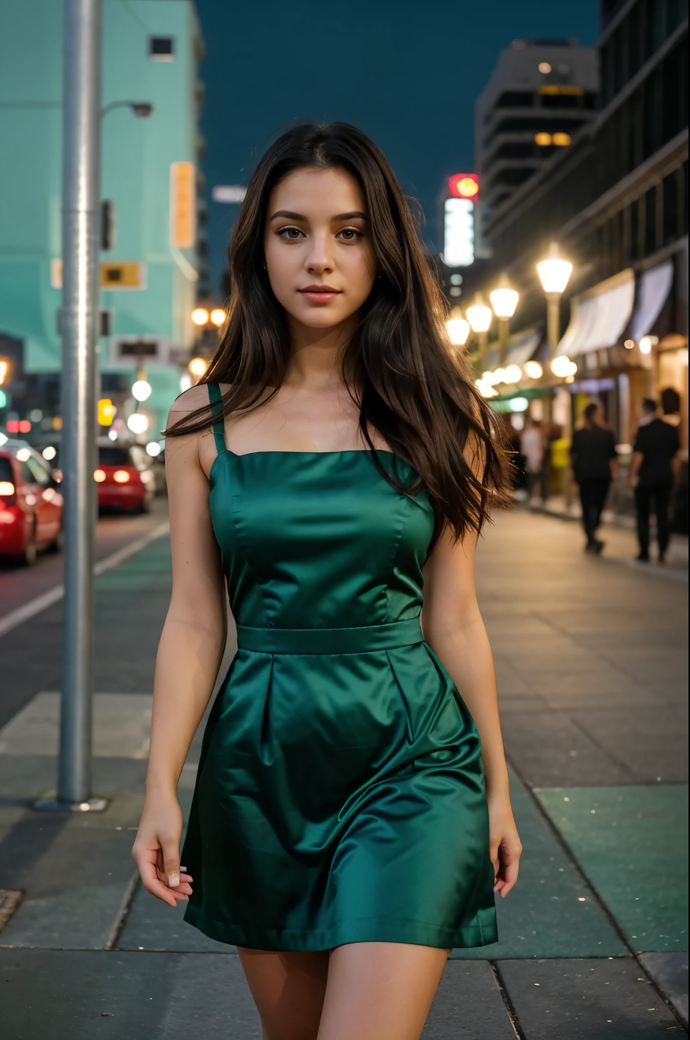 Arafed woman in a green dress walking down a city street - SeaArt AI