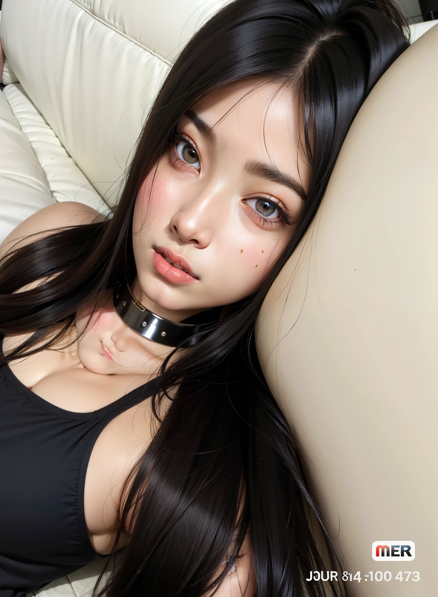 Araafed Asian woman with black top lying on a white sofa, menina bonito-fino-cara, menina coreana, Tirado com Canon EOS 5 D, linda mulher coreana jovem, Ulzzang, Fotografia selfie 8k, young adorable korean face, wan adorable korean face, rosto bonito claro, Tomado com Sony Alpha 9, com olhos bonitos