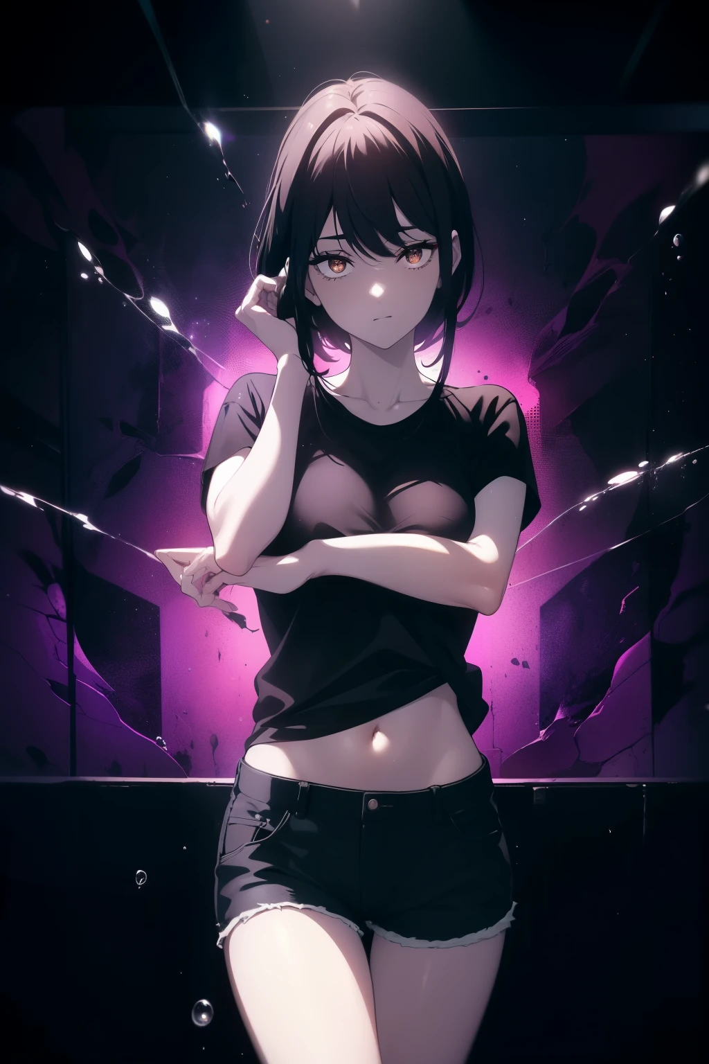 ((((Obra maestra, La mejor calidad, ultrahigh resolution)))), a clear view of a happy looking girl standing in a club waiting for someone)), (black t-shirt, jean shorts, black hair, long dark black hair), pale skin, ((brown eyes)), (glowing_eyes), (ultra detailed eyes:0.7, beautiful and detailed face, detailed eyes:0.9), ((centered)), ((over joyed expression)), ((wide shot)), facing viewer, (((indoor part, purple and black lights, black dancing silhouettes:0.9, rave:1))), medium breasts, looking at viewer, ((perfect hands)), (((head:1, arms, waist in view, elbows, thighs, in view))), lively eyes, beautiful lighting, outside, outdoors, background, defined subject, 25 years old, (head tilt), (((cool))), (lively), (((splash))), ((elegant pose))